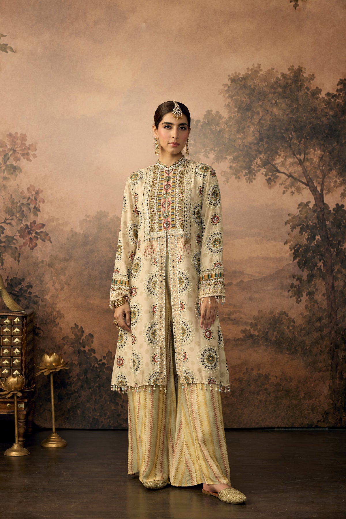 Pastel Beige Embellished Crepe Silk Pant Set