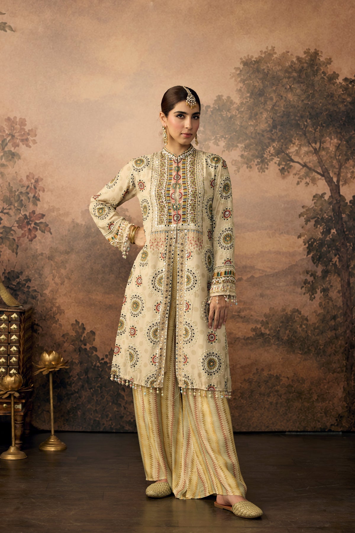 Pastel Beige Embellished Crepe Silk Pant Set
