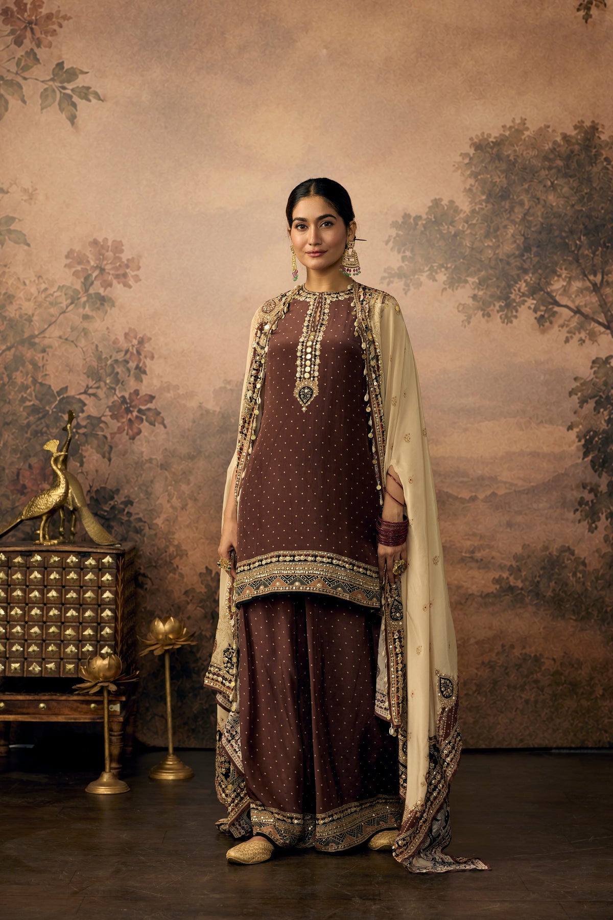 Deep Chocolate Embellished Crepe Silk Palazzo Set
