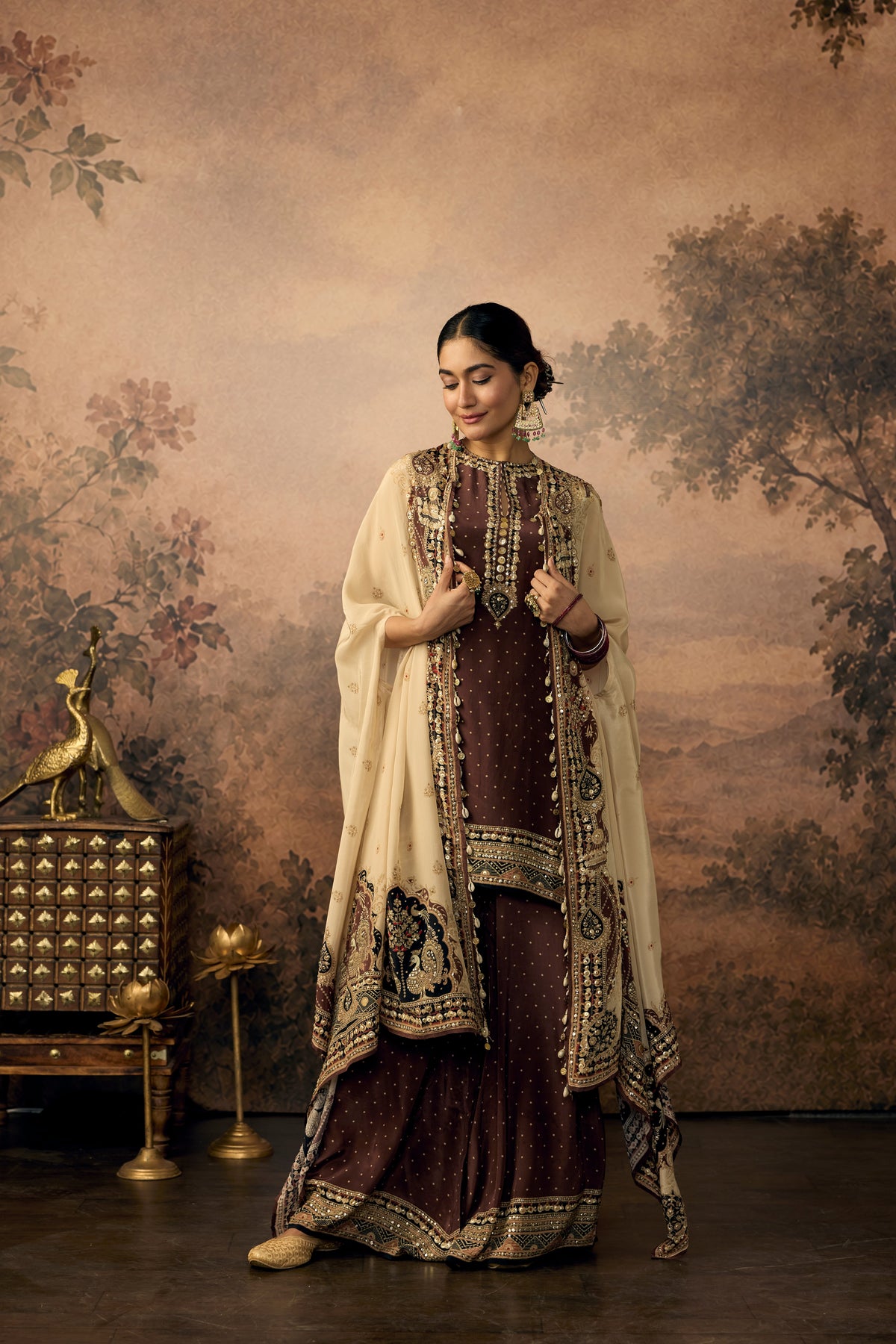 Deep Chocolate Embellished Crepe Silk Palazzo Set