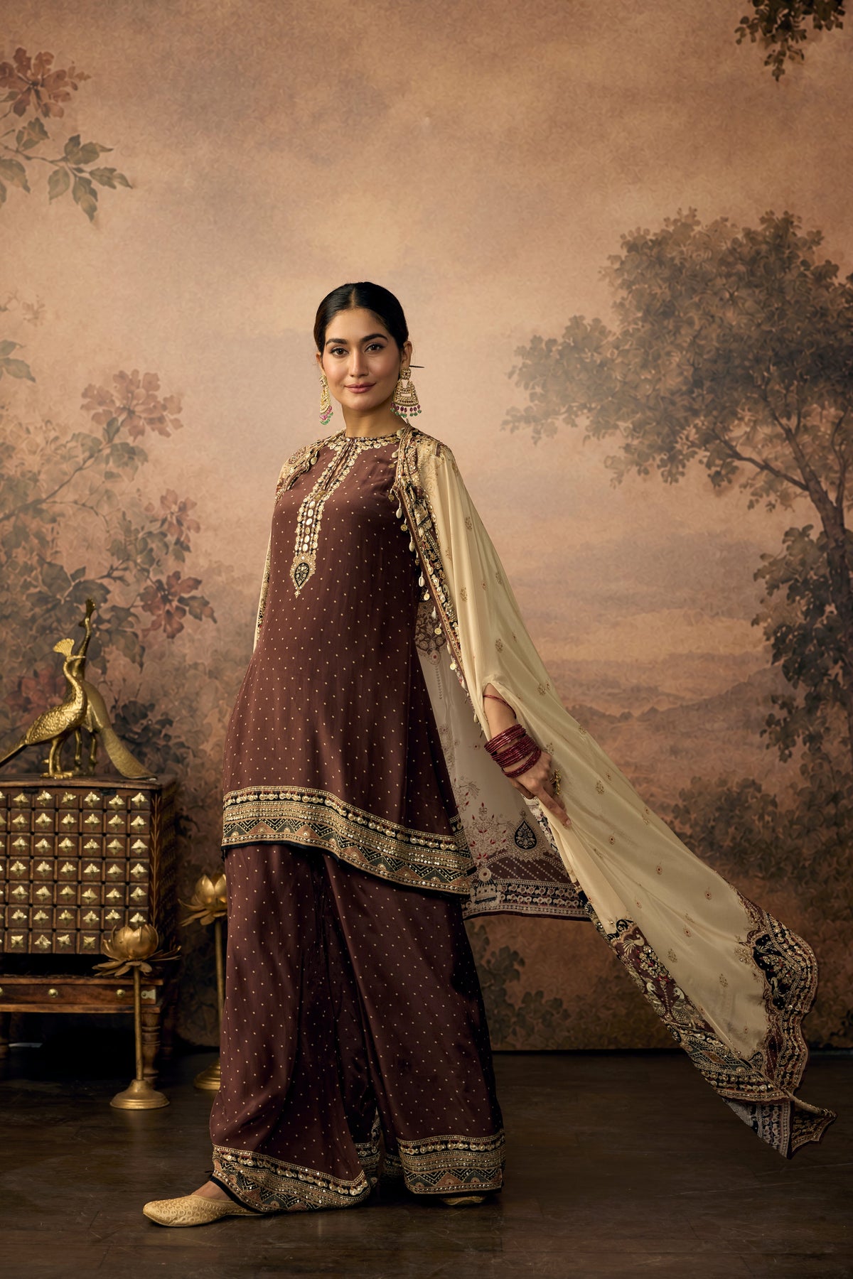 Deep Chocolate Embellished Crepe Silk Palazzo Set
