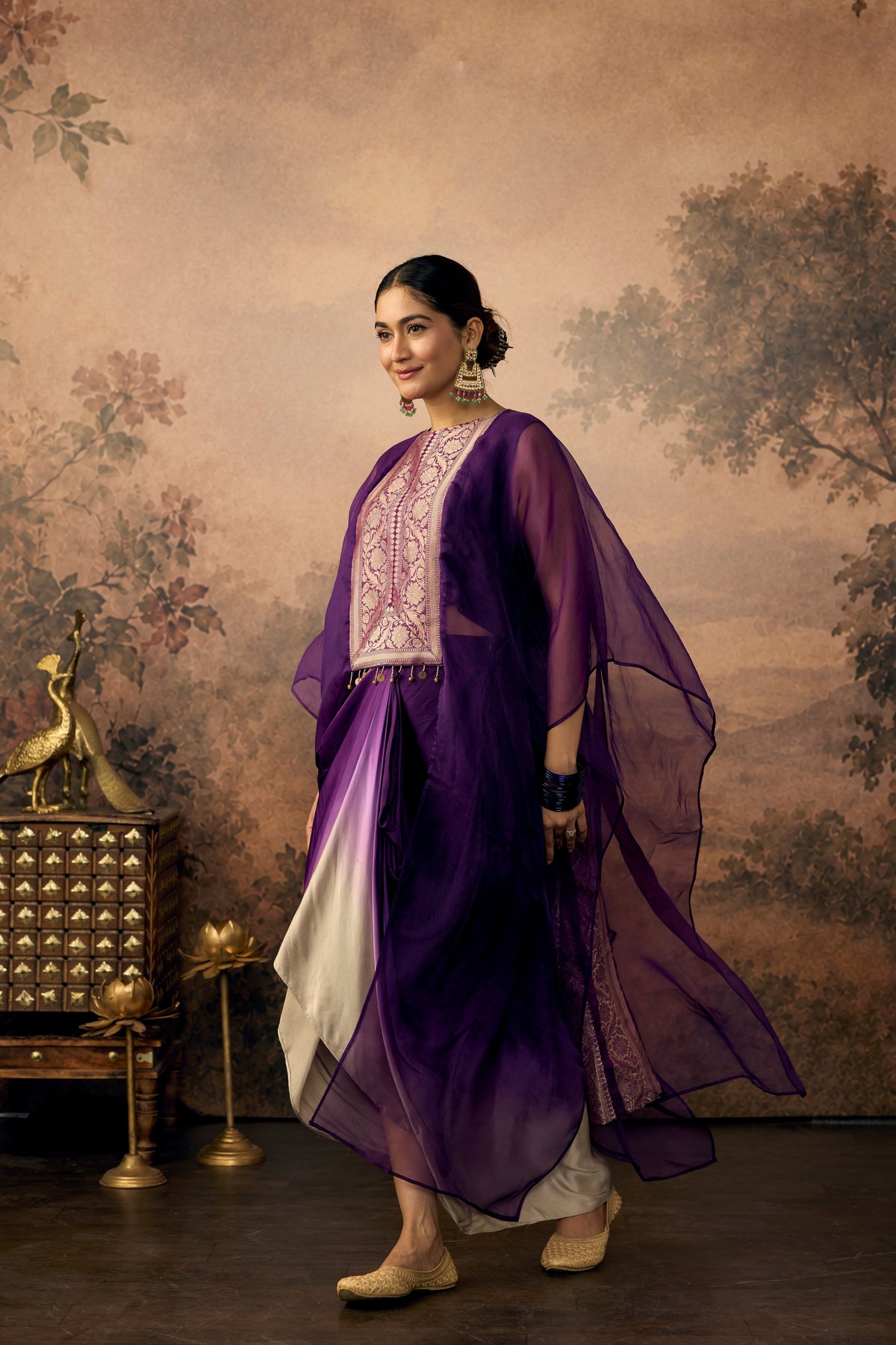 Rich Purple Embellished Organza Silk Kaftan Set