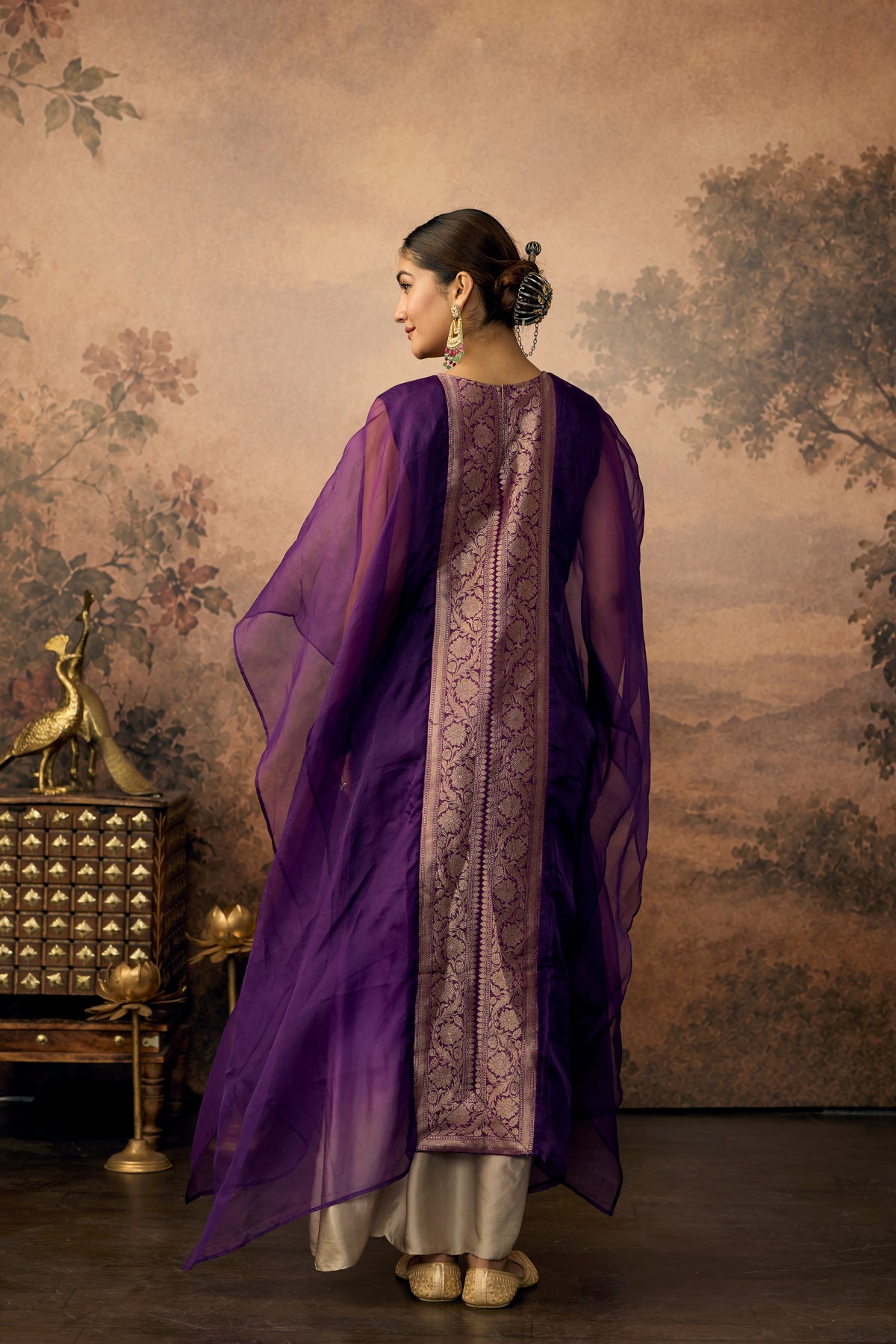 Rich Purple Embellished Organza Silk Kaftan Set