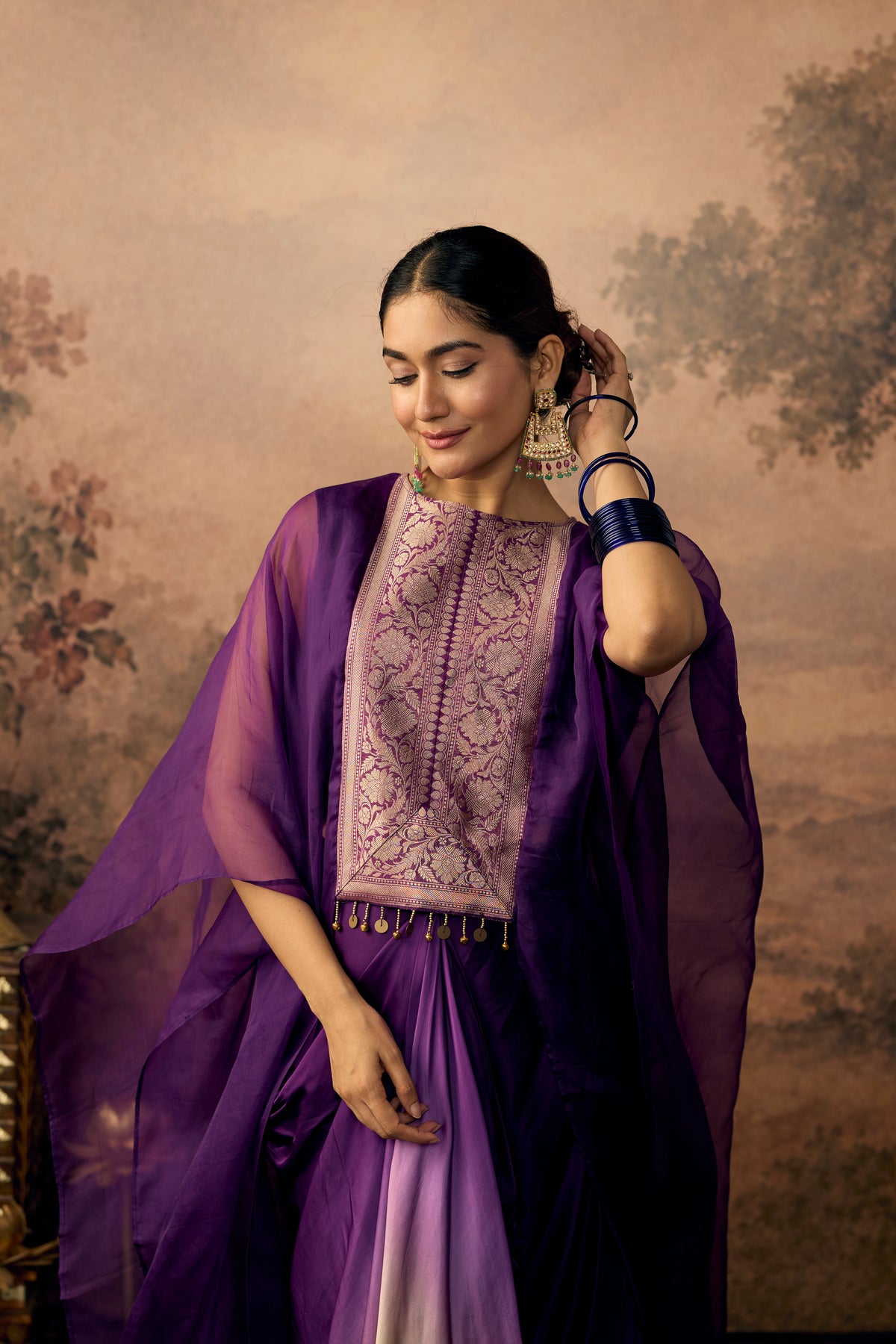 Rich Purple Embellished Organza Silk Kaftan Set