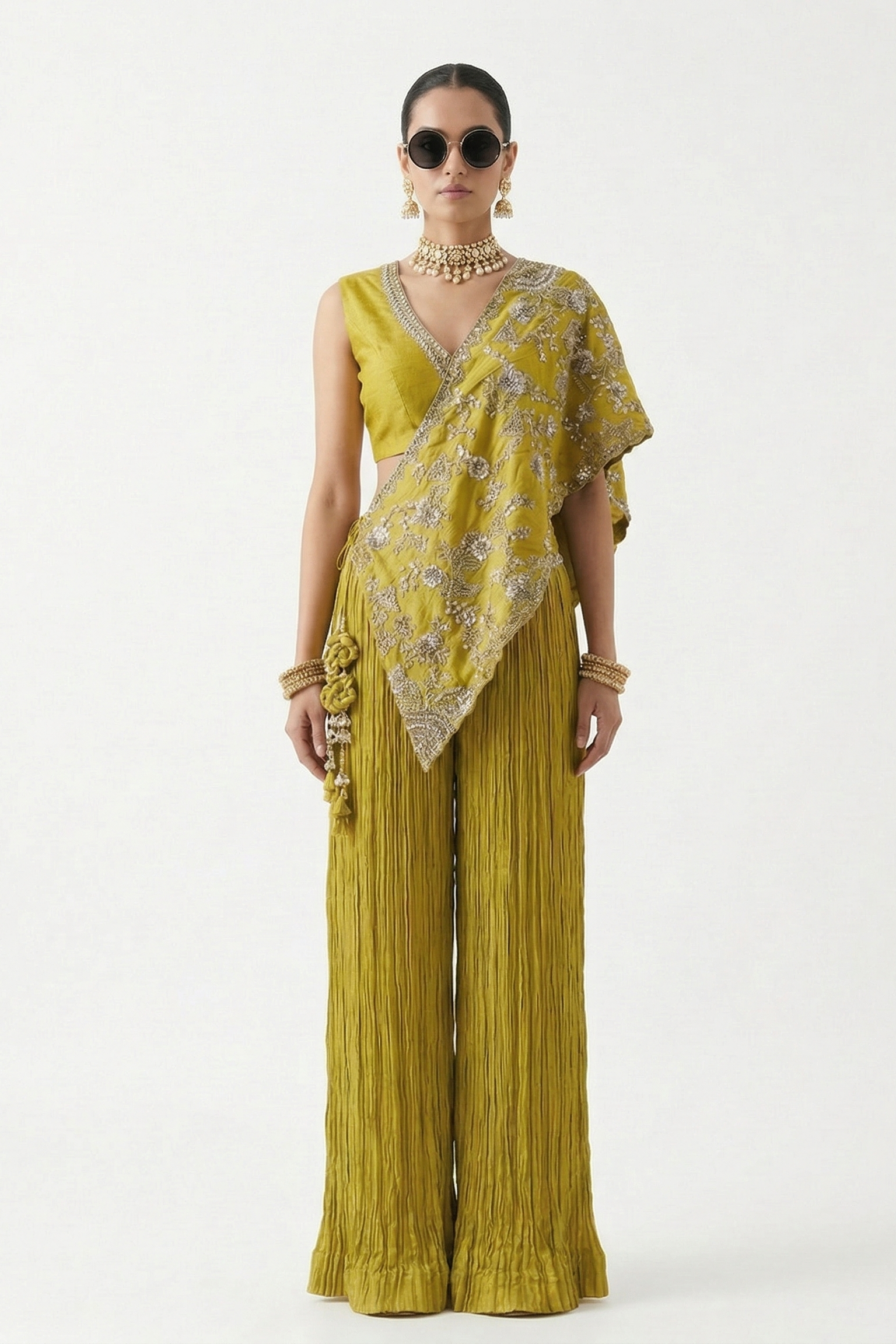 Pear Green Embellished Tissue Silk Palazzo Set