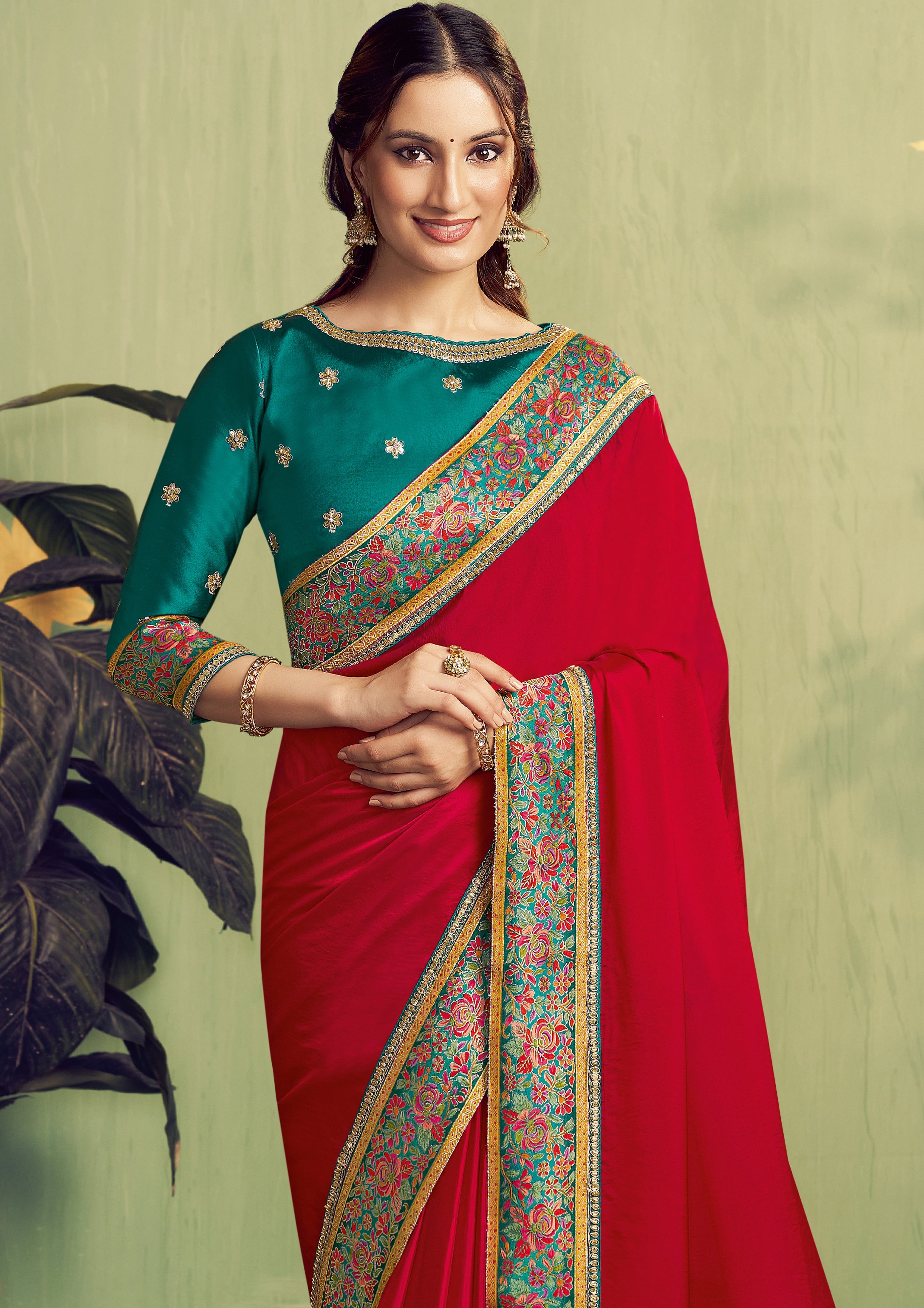 Ruby Red Embellished Satin Silk Saree