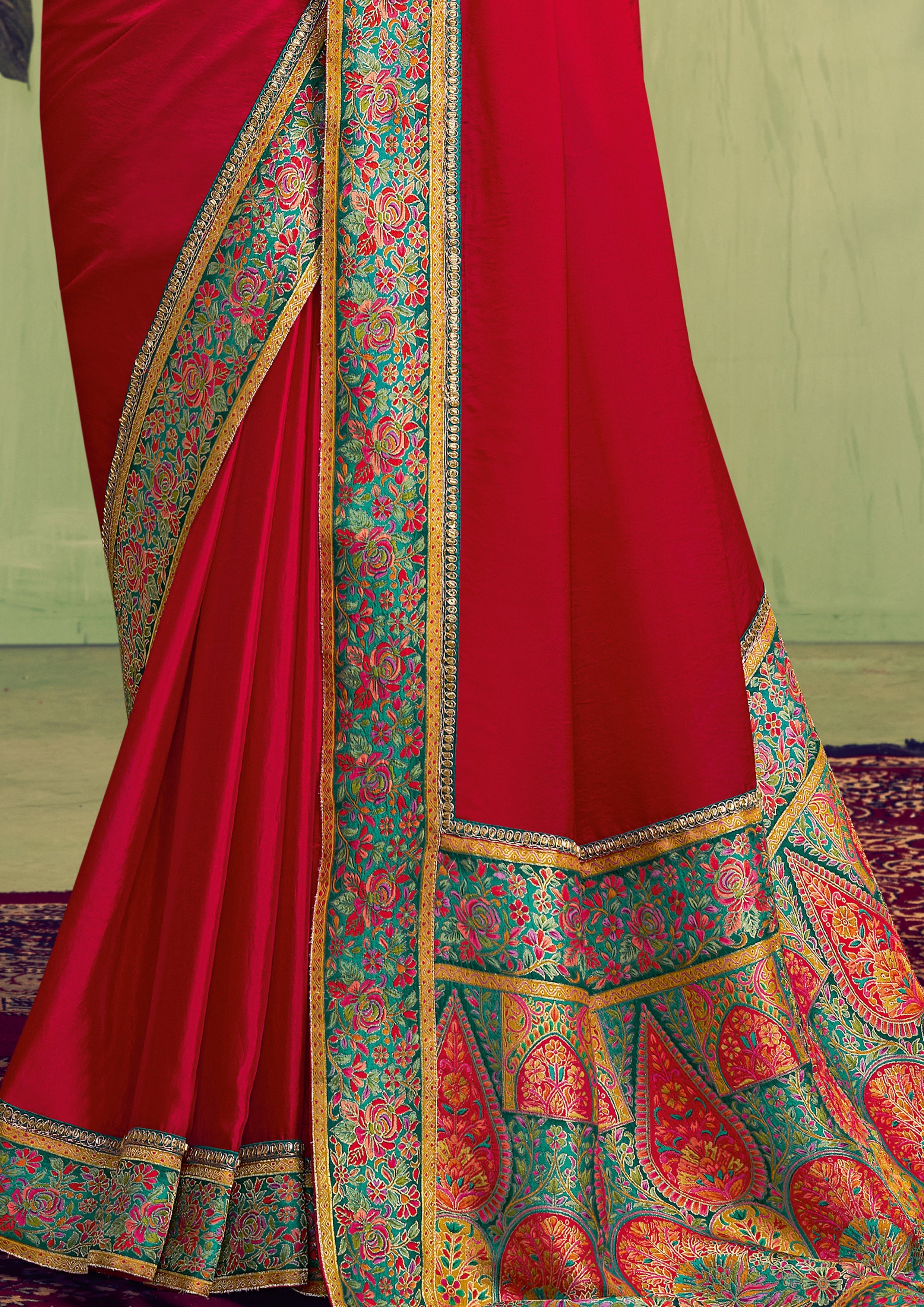Ruby Red Embellished Satin Silk Saree