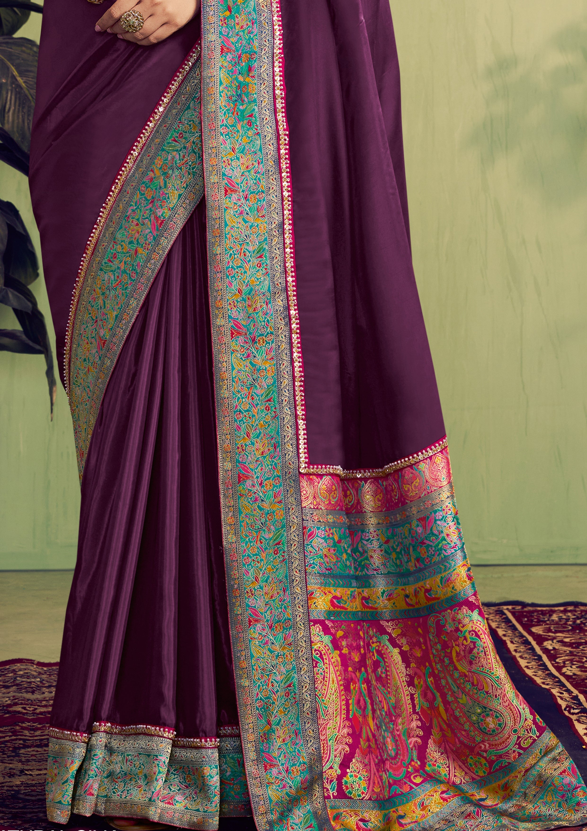 Wine Embellished Satin Silk Saree