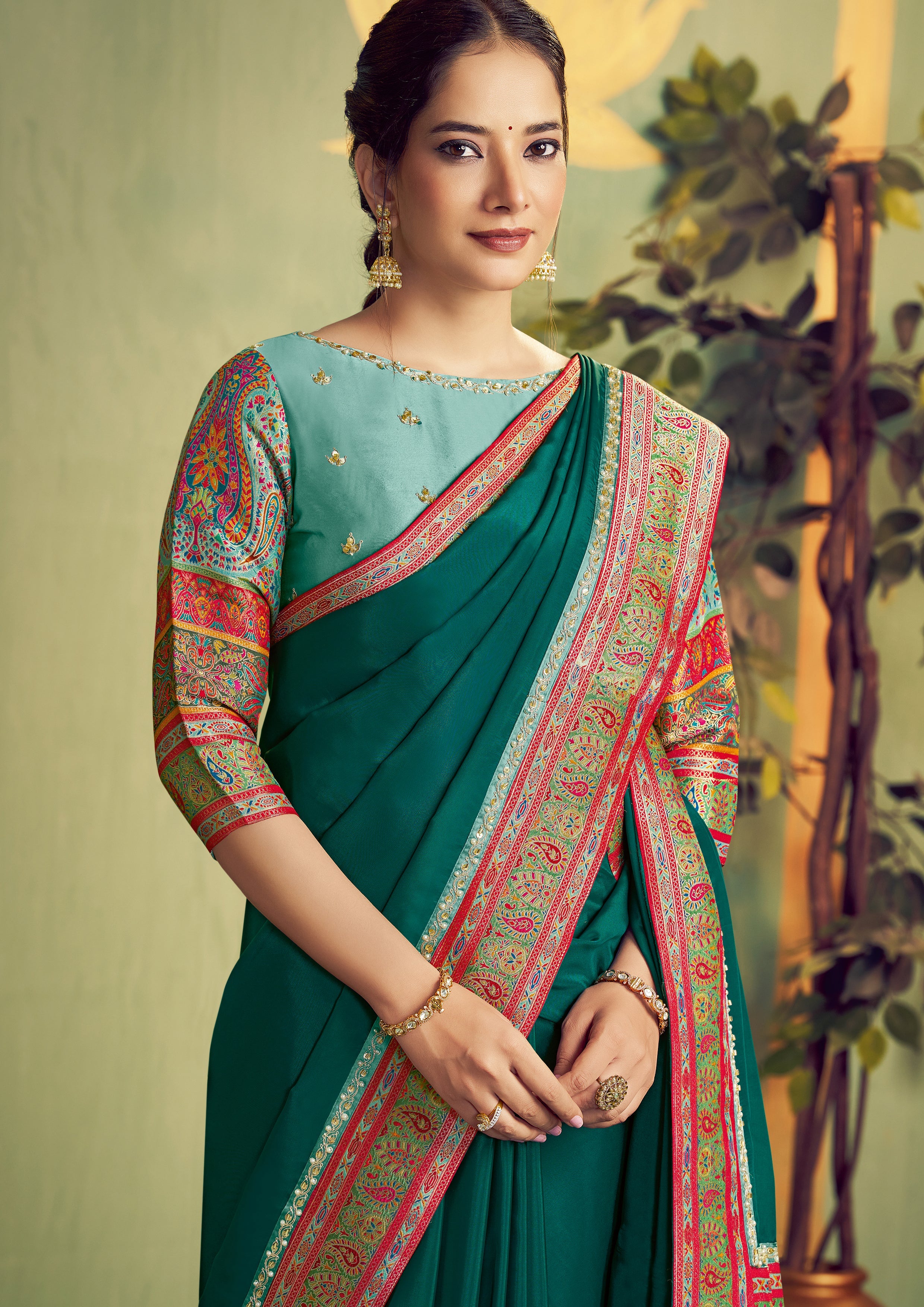 Emerald Green Embellished Satin Silk Saree