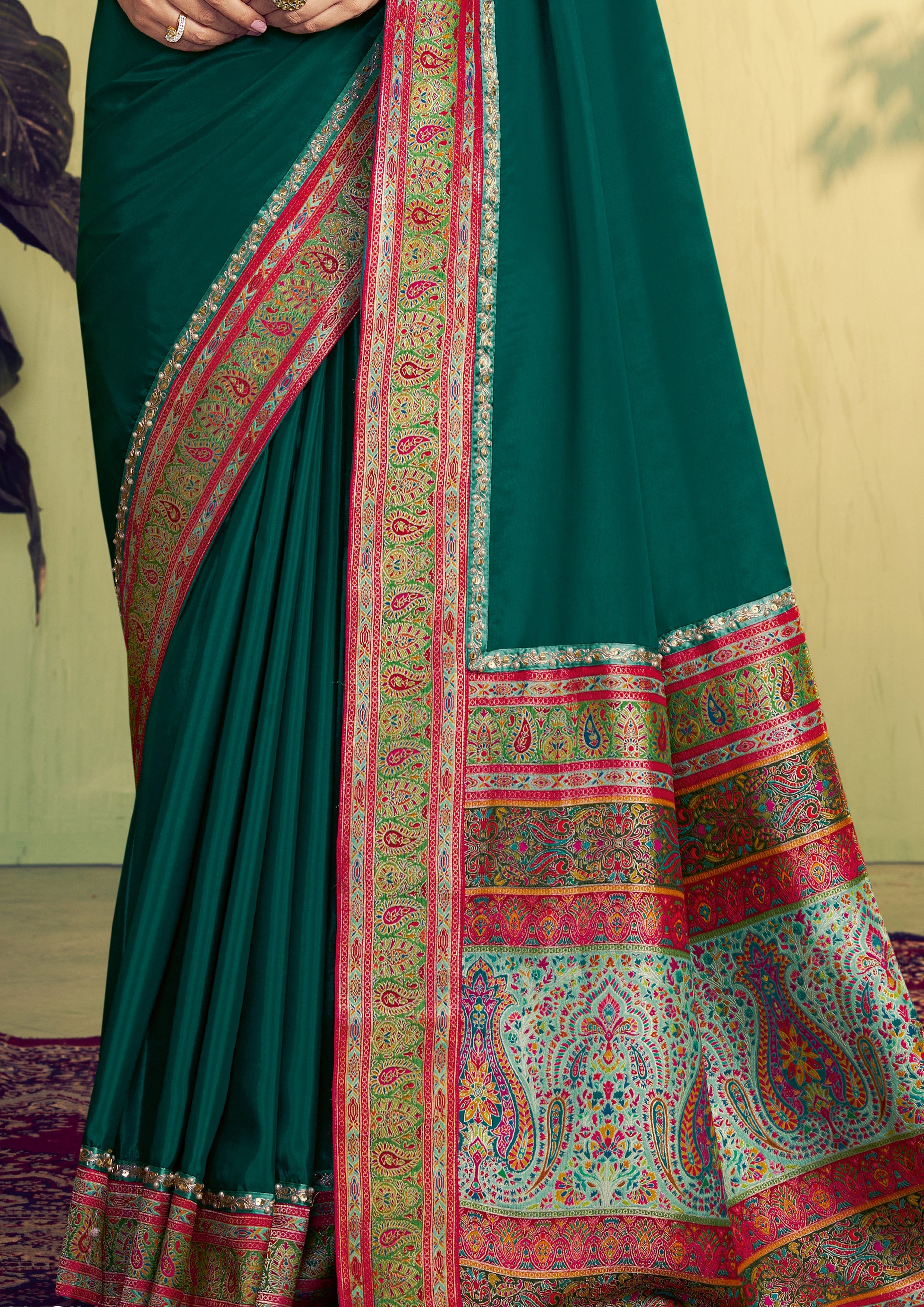 Emerald Green Embellished Satin Silk Saree