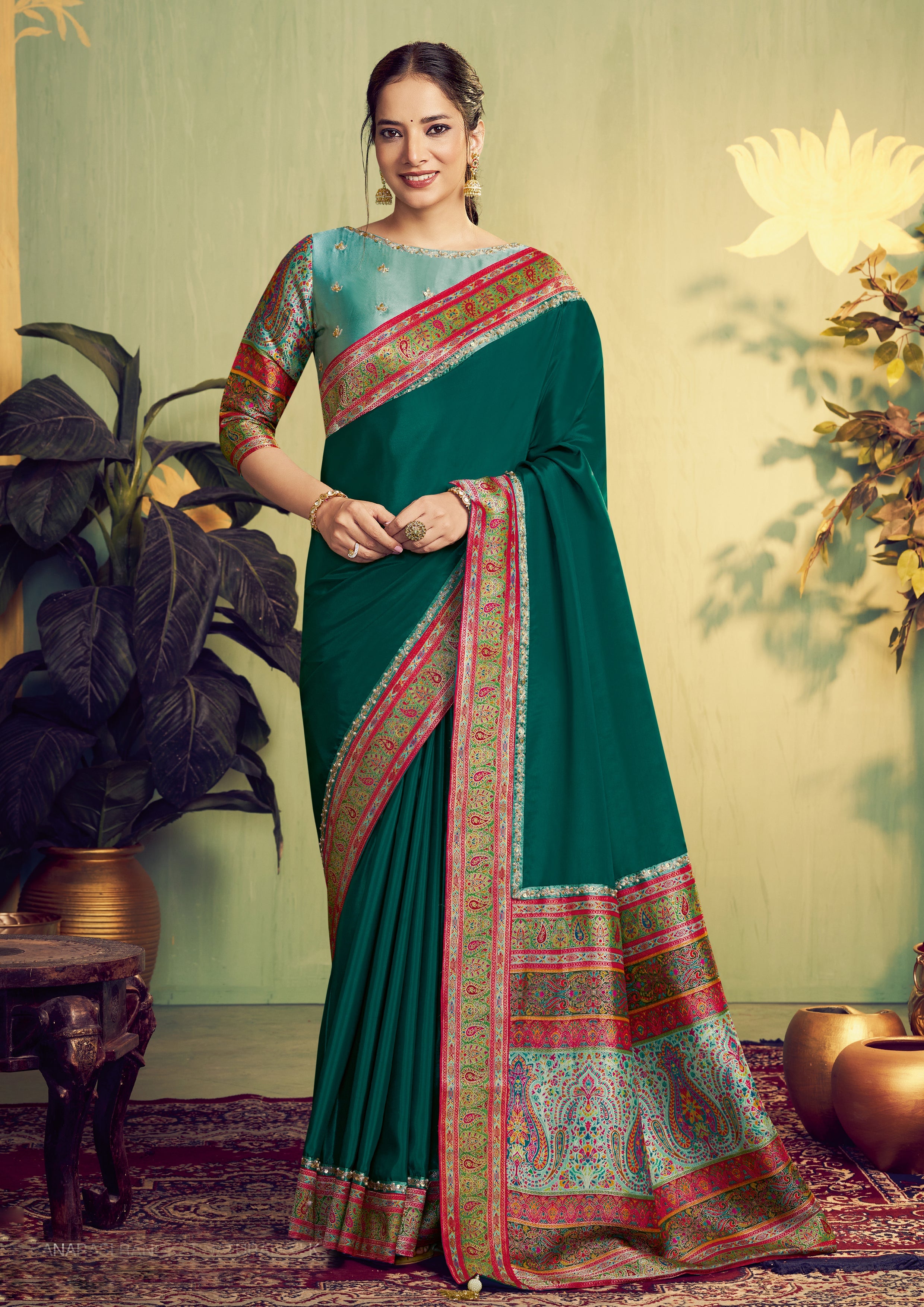 Emerald Green Embellished Satin Silk Saree