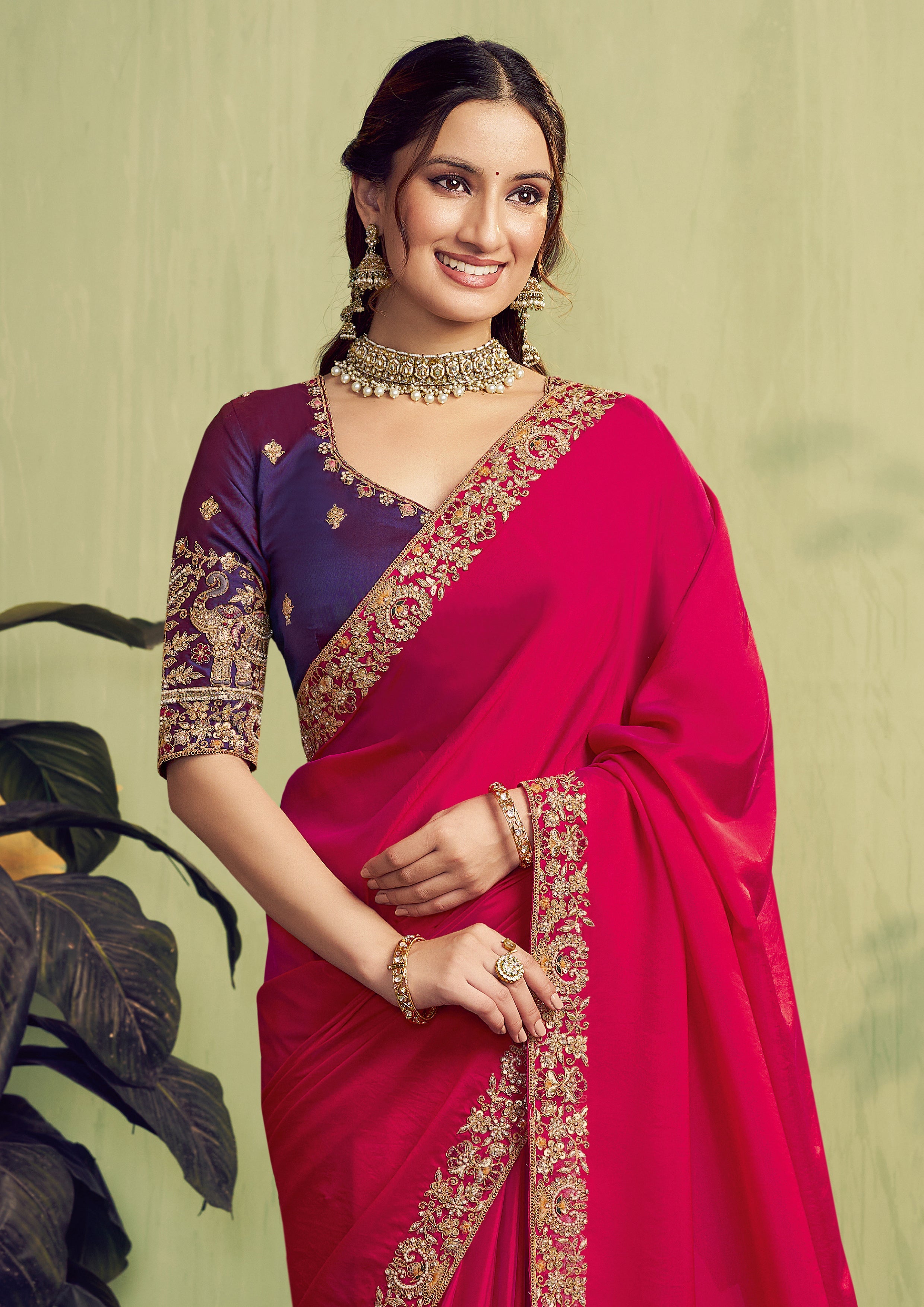 Fuchsia Embroidered Satin Silk Saree