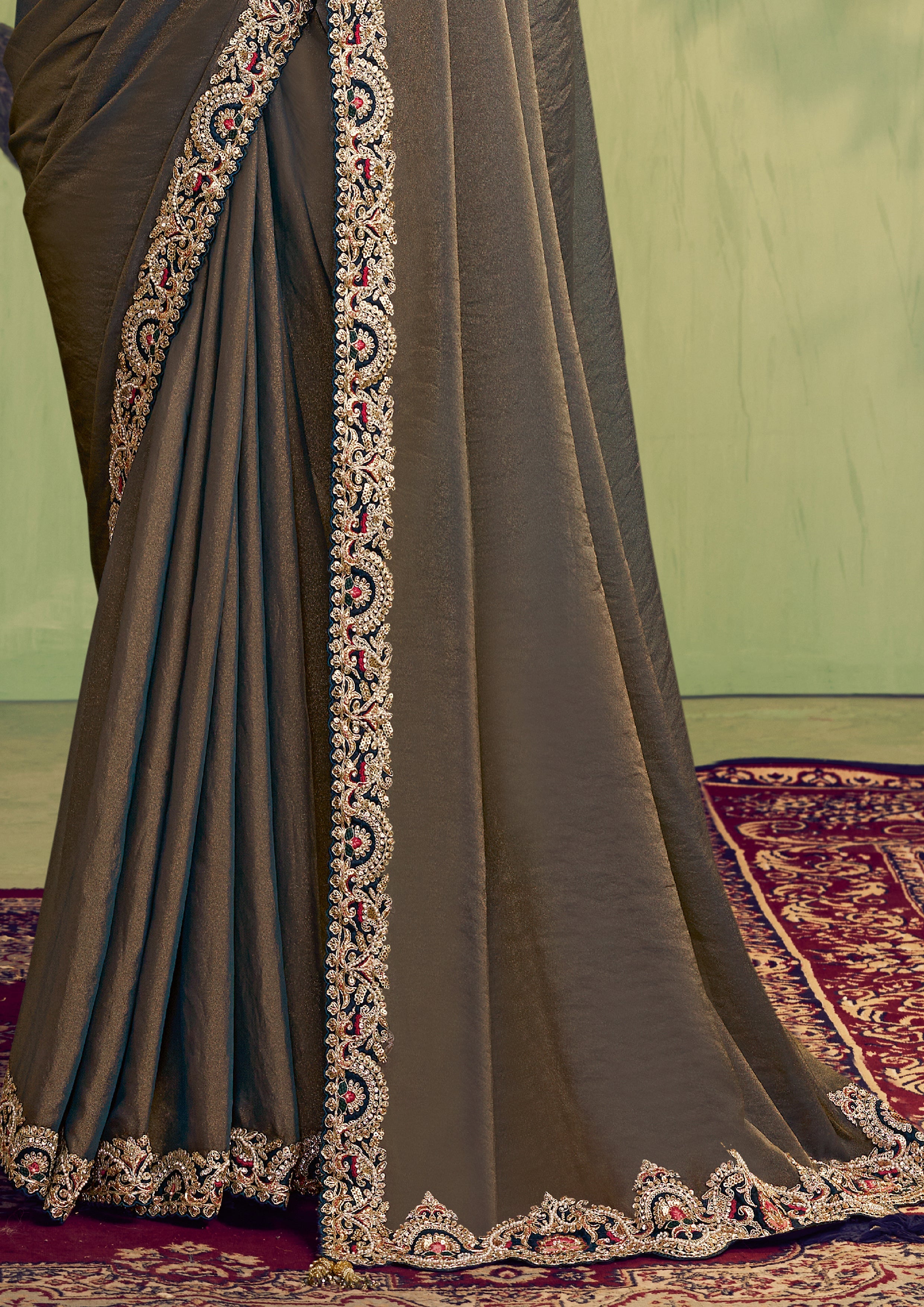 Brown Embellished Shimmer Tissue Silk Saree