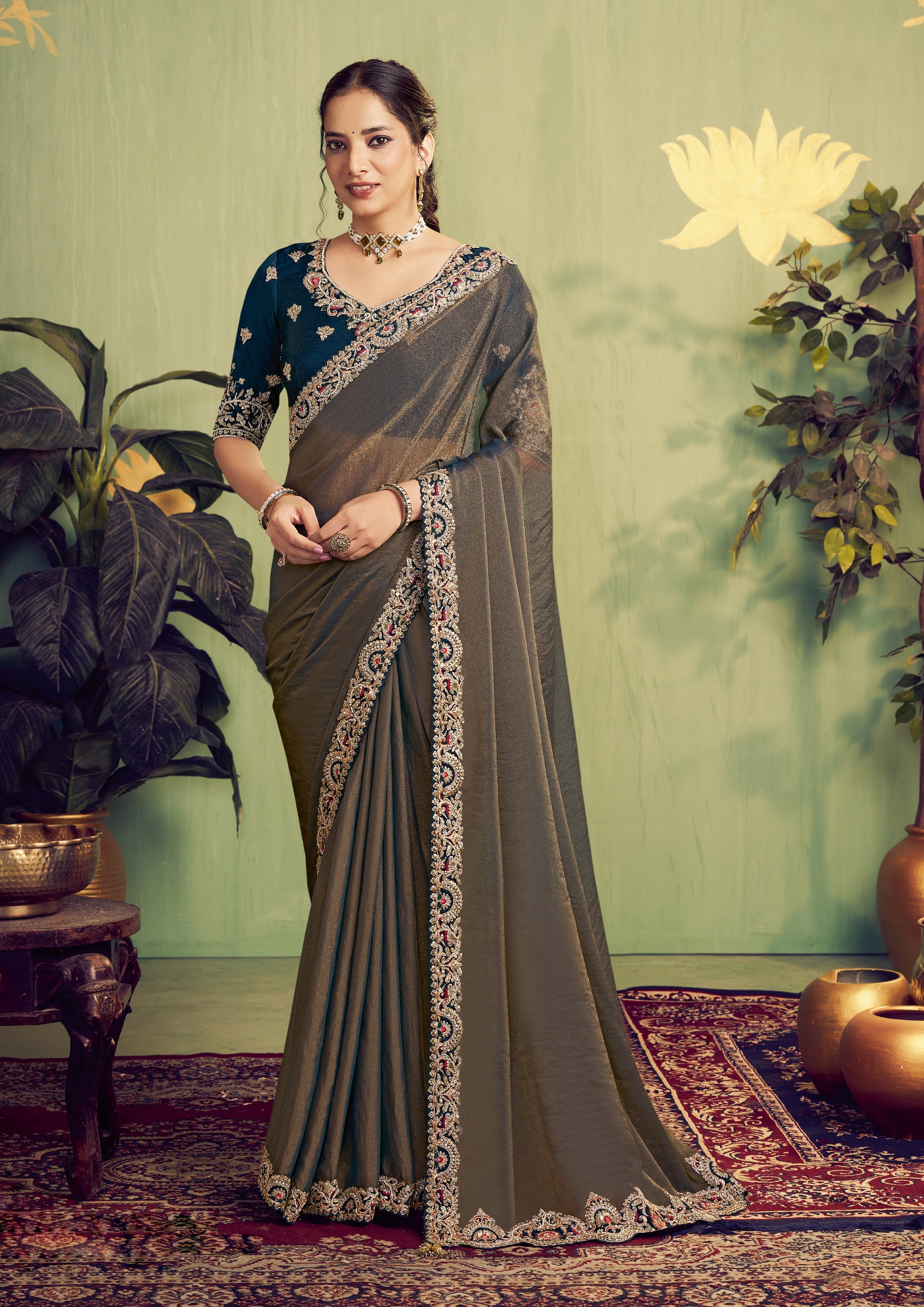 Brown Embellished Shimmer Tissue Silk Saree