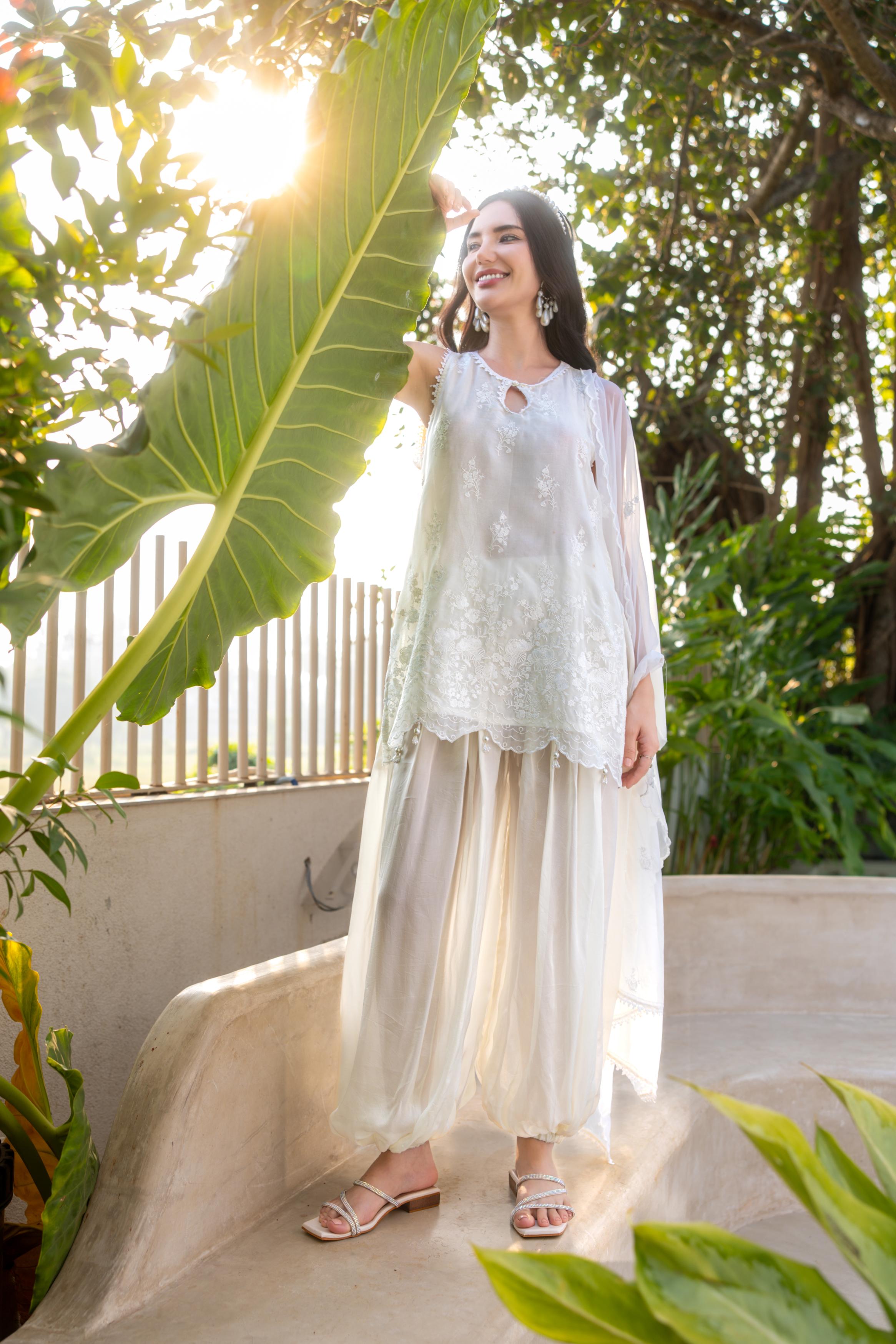 Ivory Pearl Embroidered Tissue Silk Pant Set