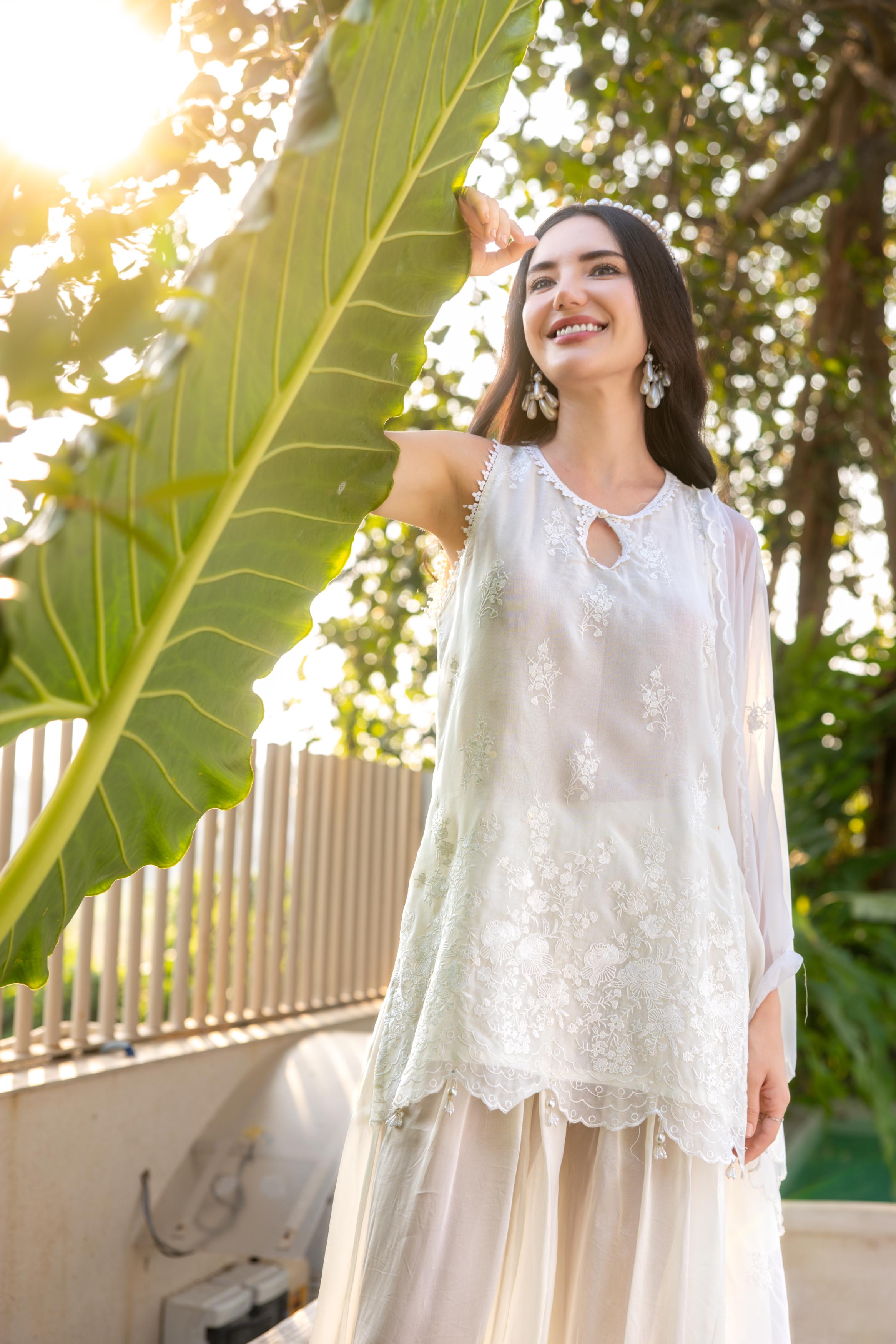 Ivory Pearl Embroidered Tissue Silk Pant Set
