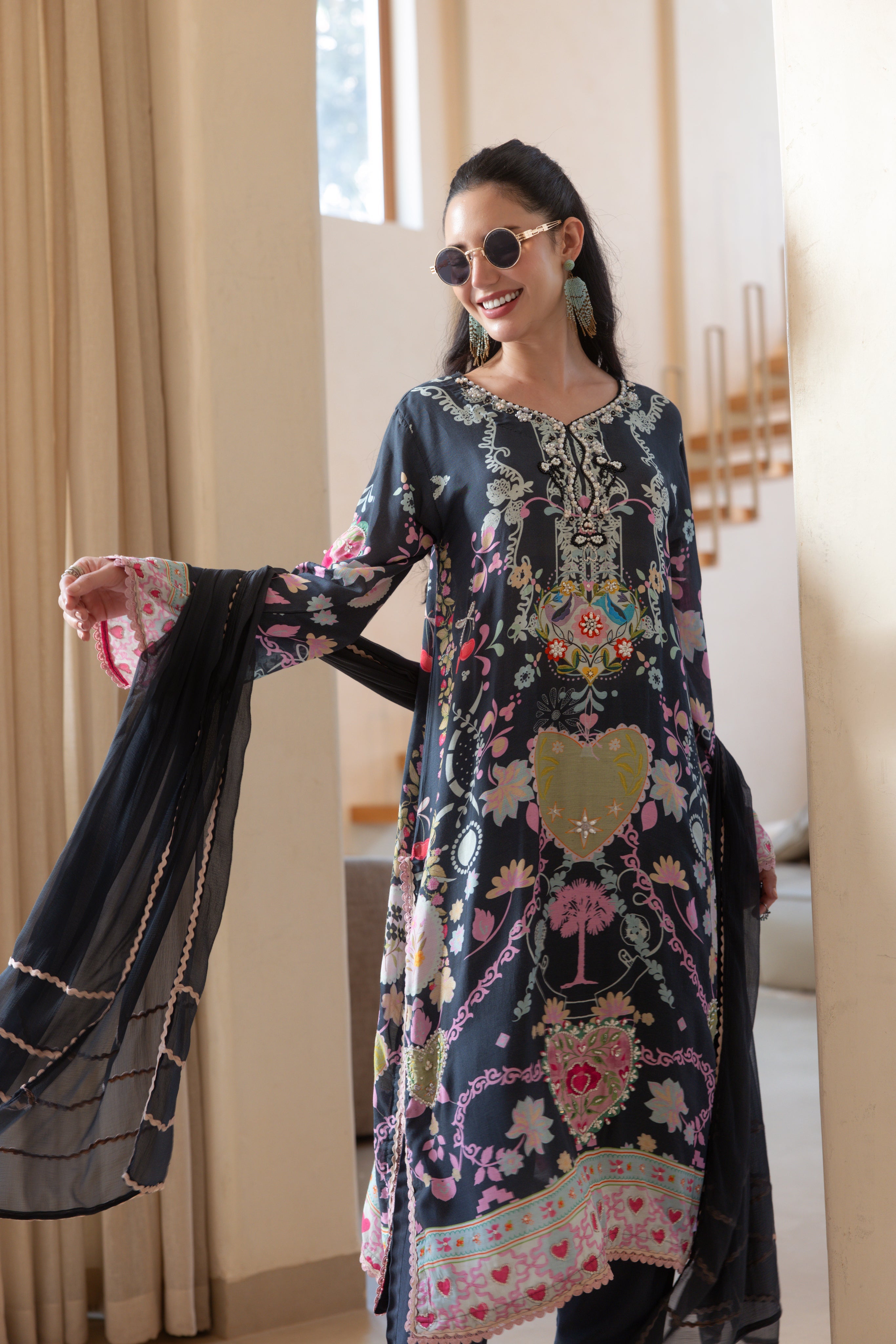 Flora Heartbeat Embellished Crepe Silk Pant Set