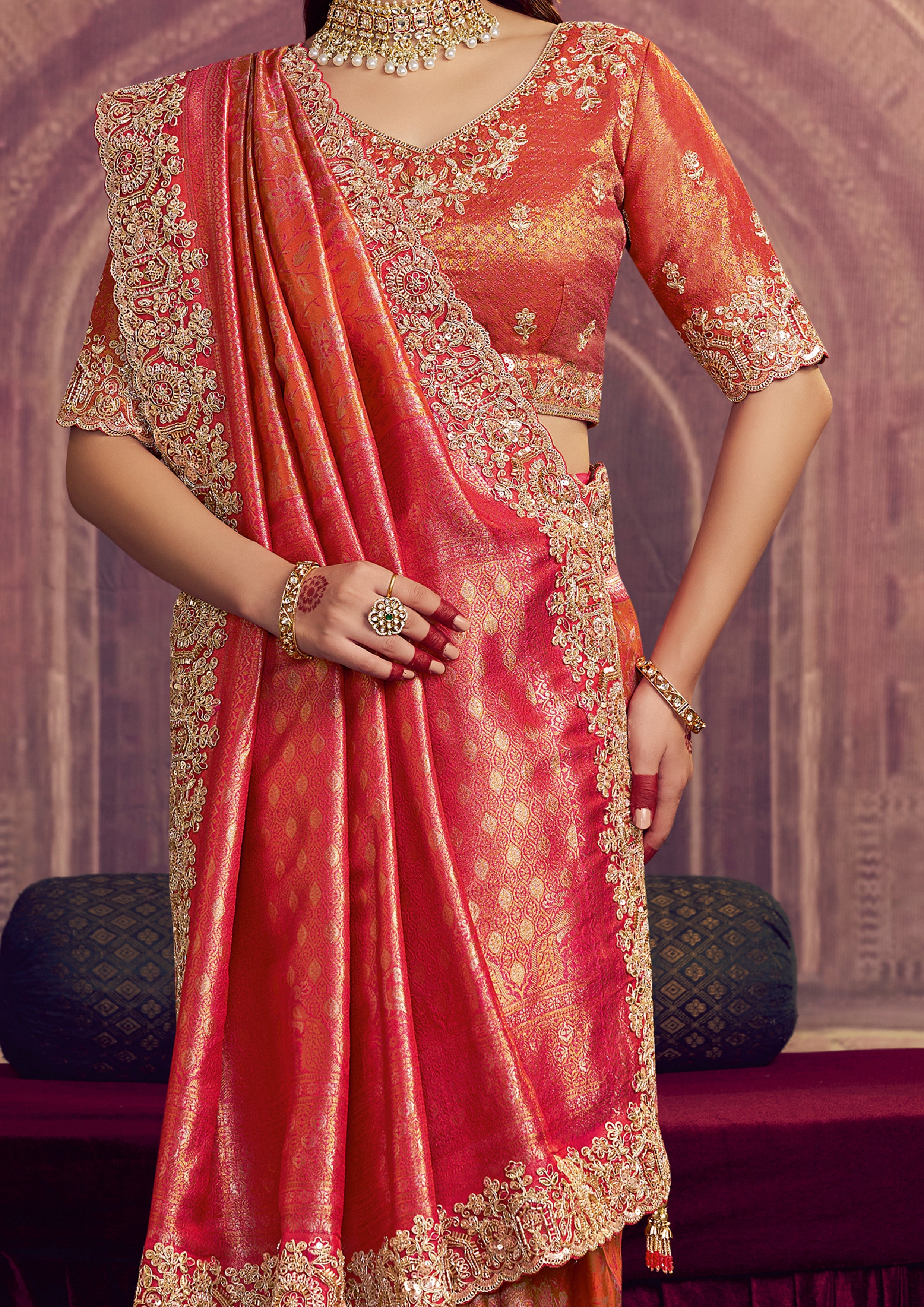 Coral Orange Embellished Kanjivaram Silk Saree