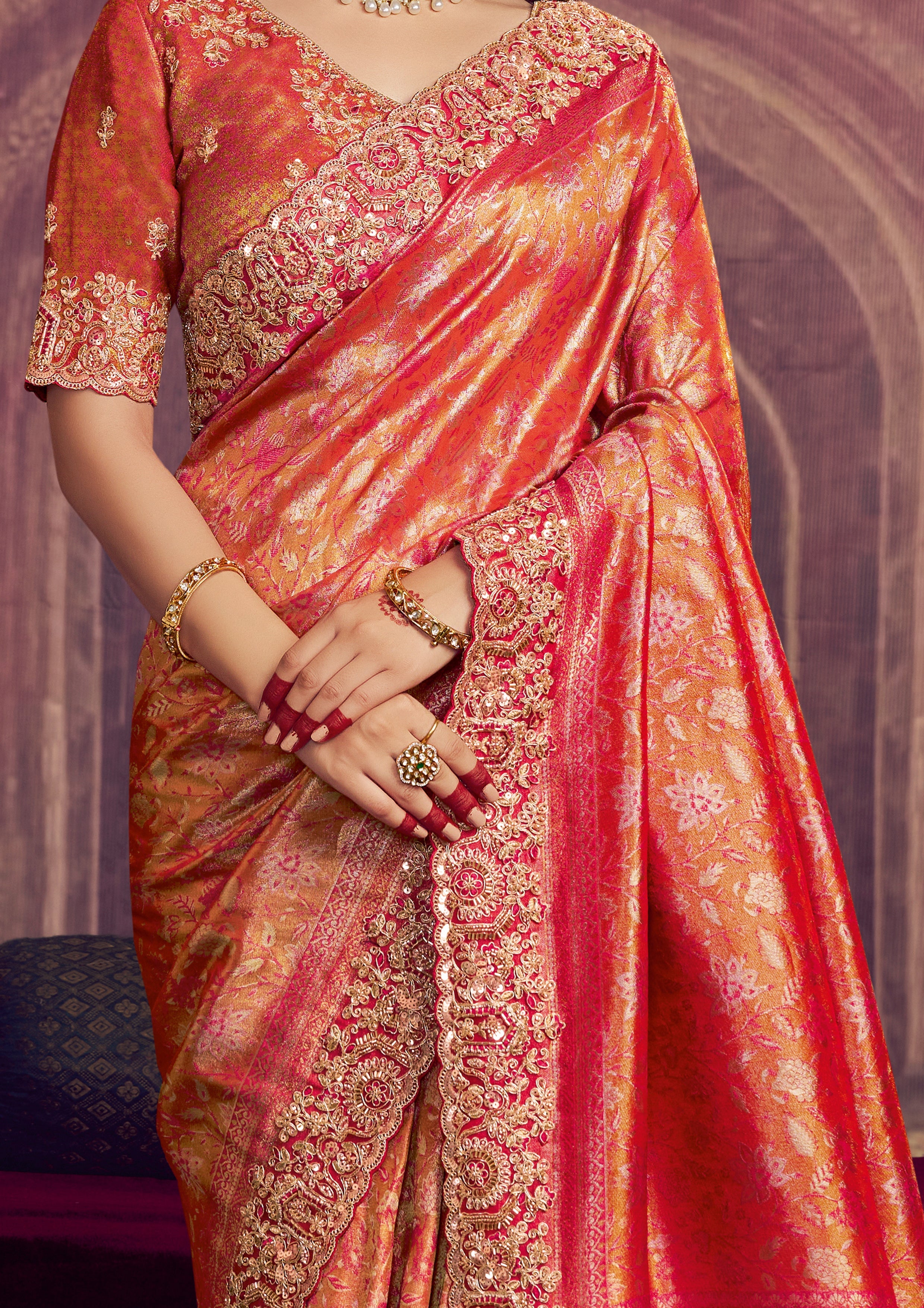 Coral Orange Embellished Kanjivaram Silk Saree