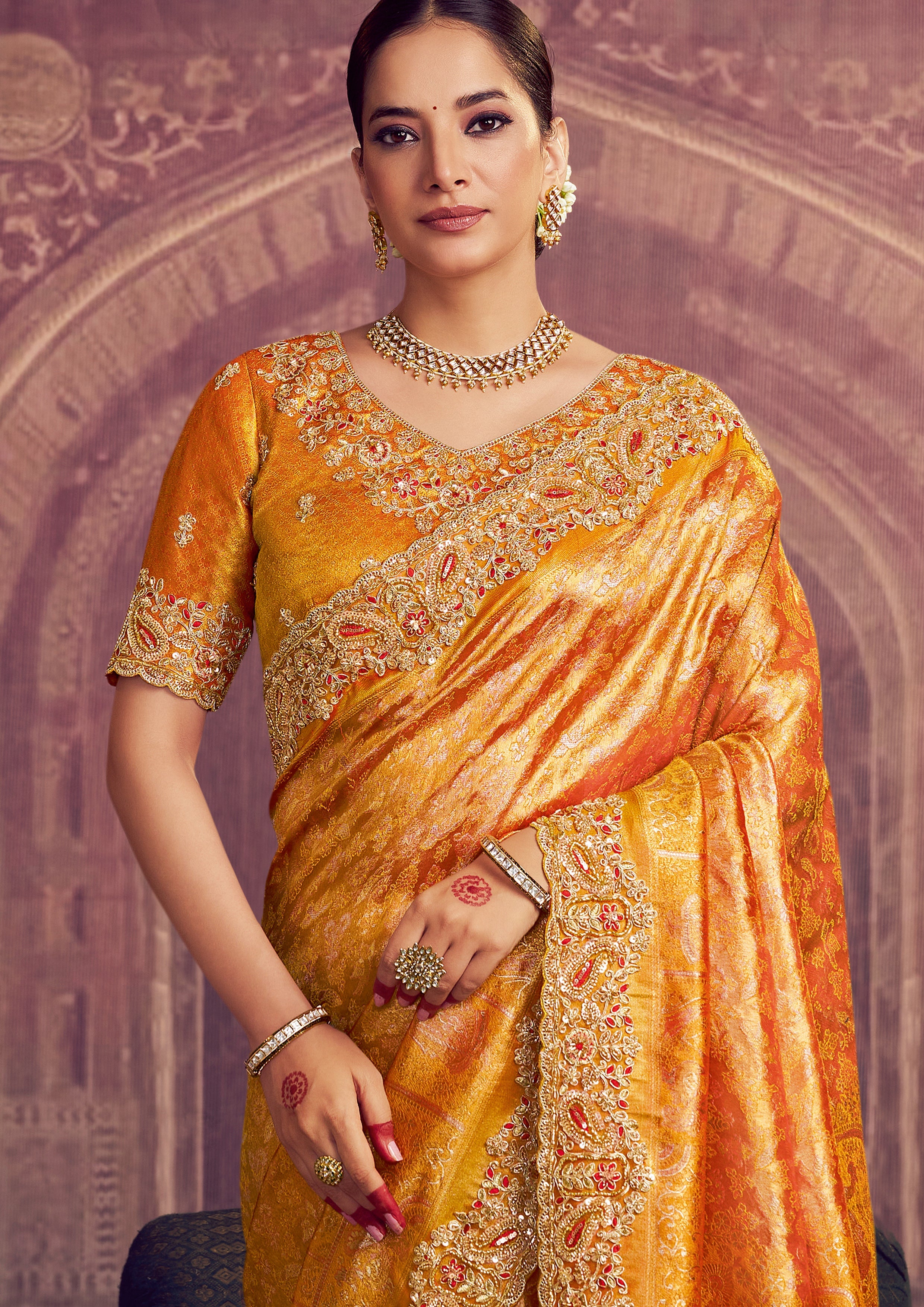 Saffron Gold Embellished Kanjivaram Silk Saree