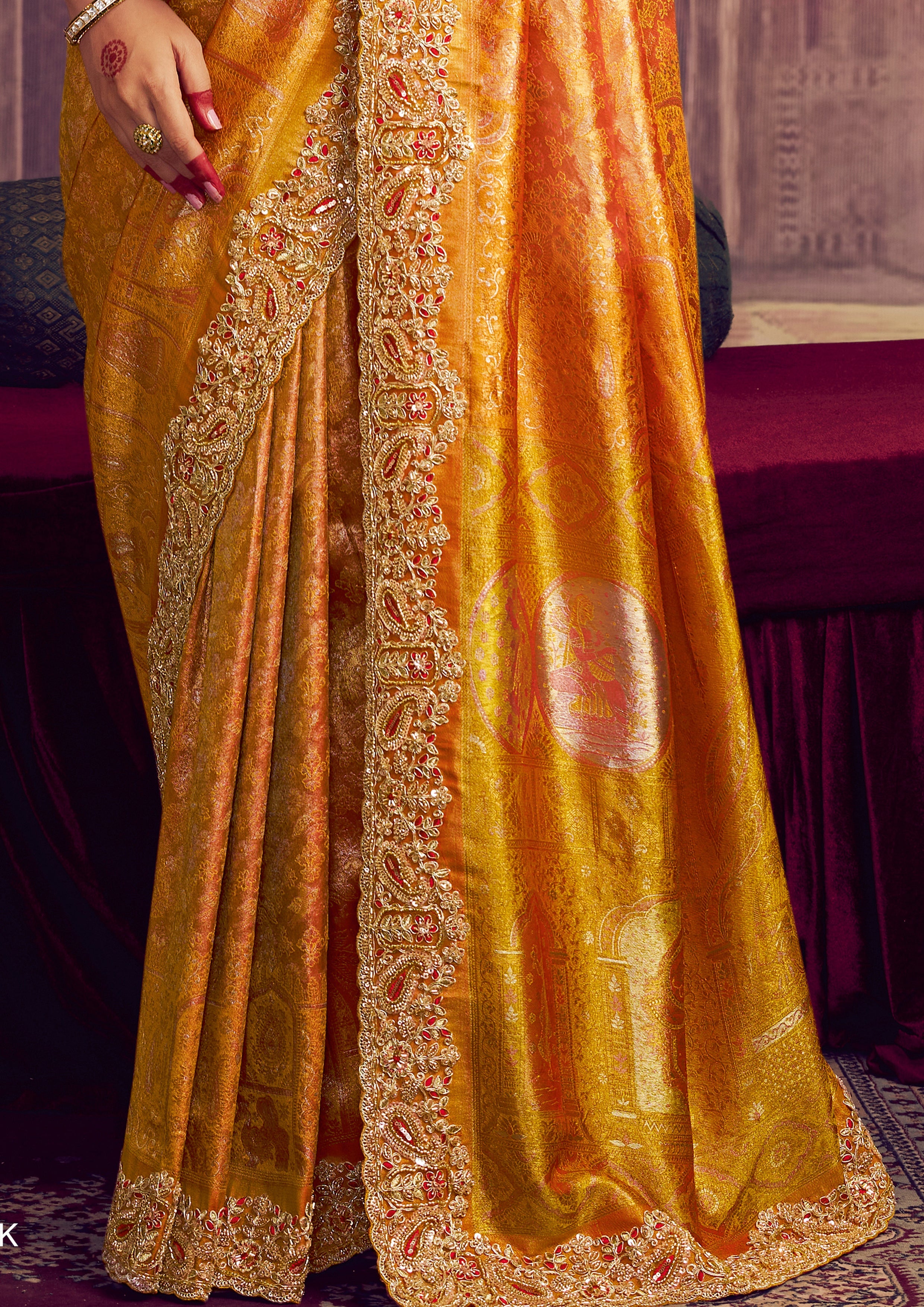 Saffron Gold Embellished Kanjivaram Silk Saree