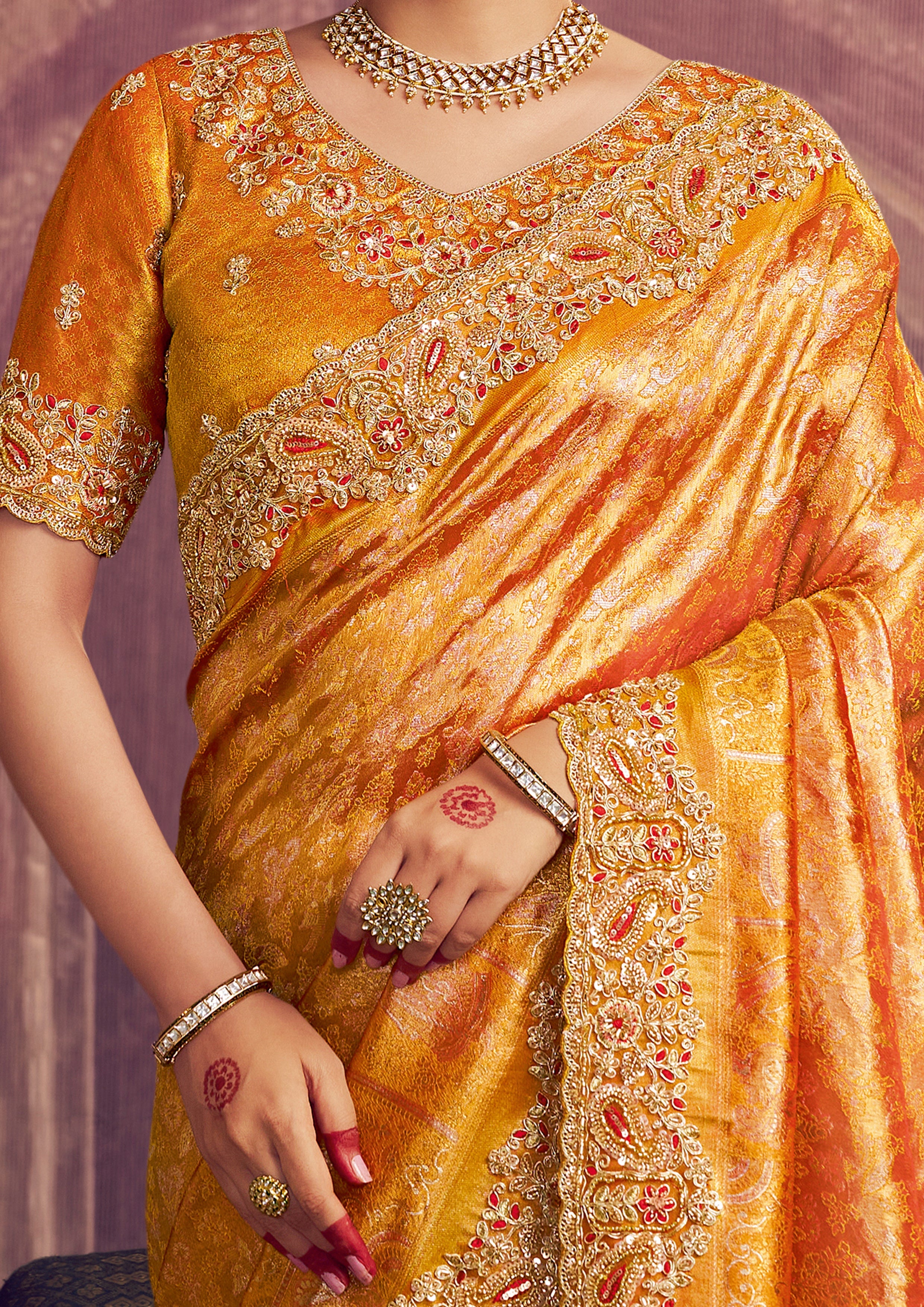 Saffron Gold Embellished Kanjivaram Silk Saree