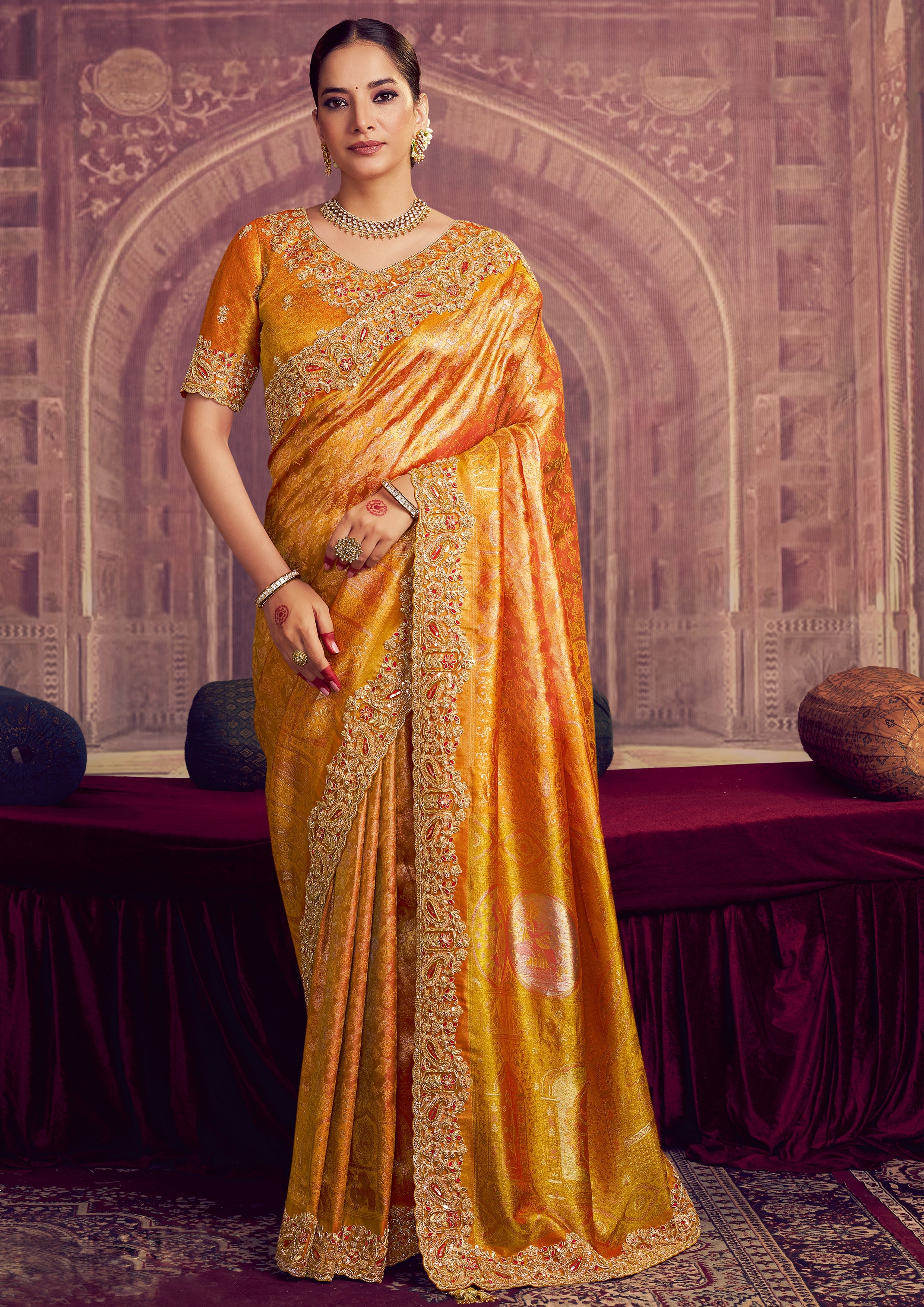 Saffron Gold Embellished Kanjivaram Silk Saree