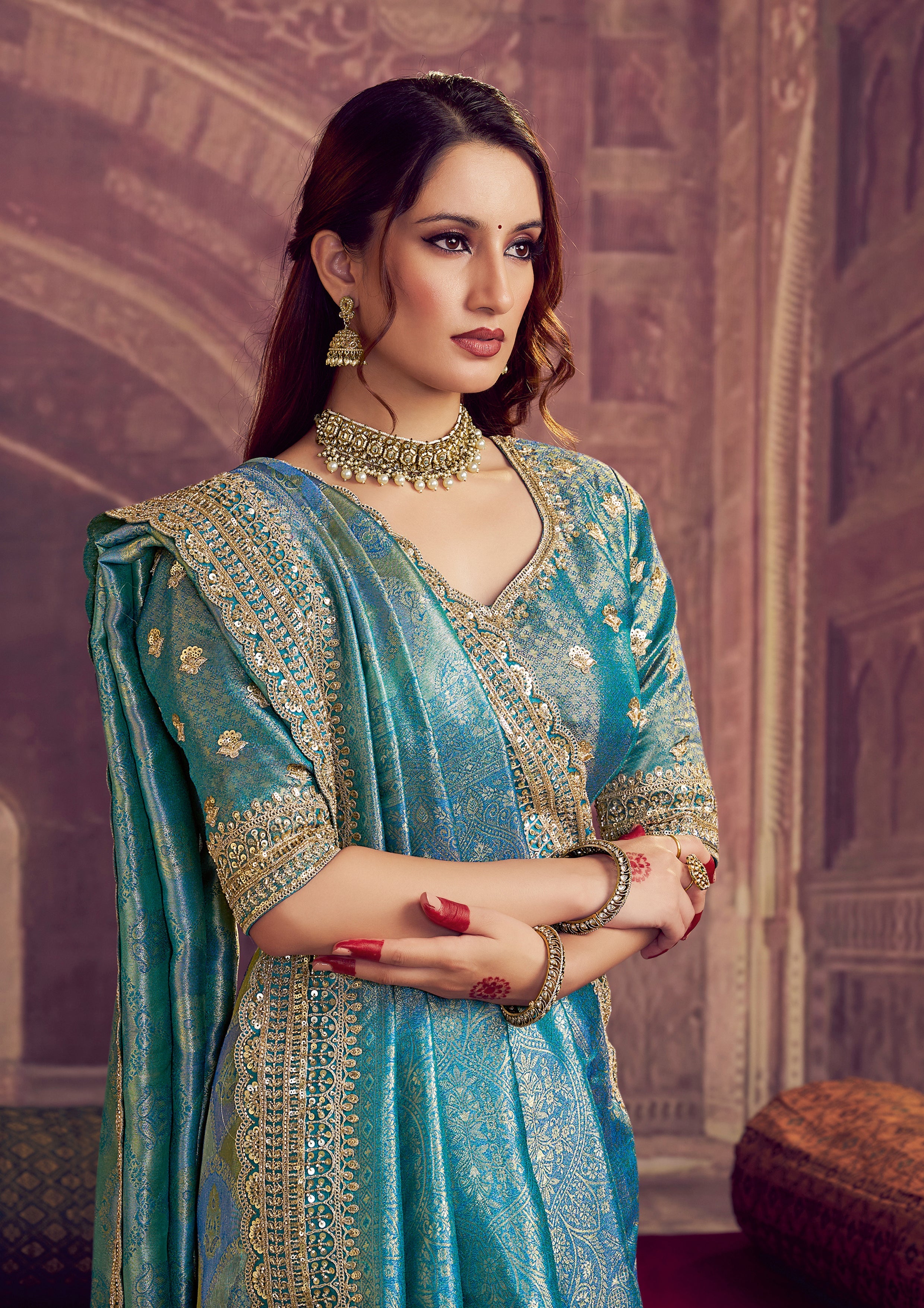 Peacock Blue Embellished Kanjivaram Silk Saree