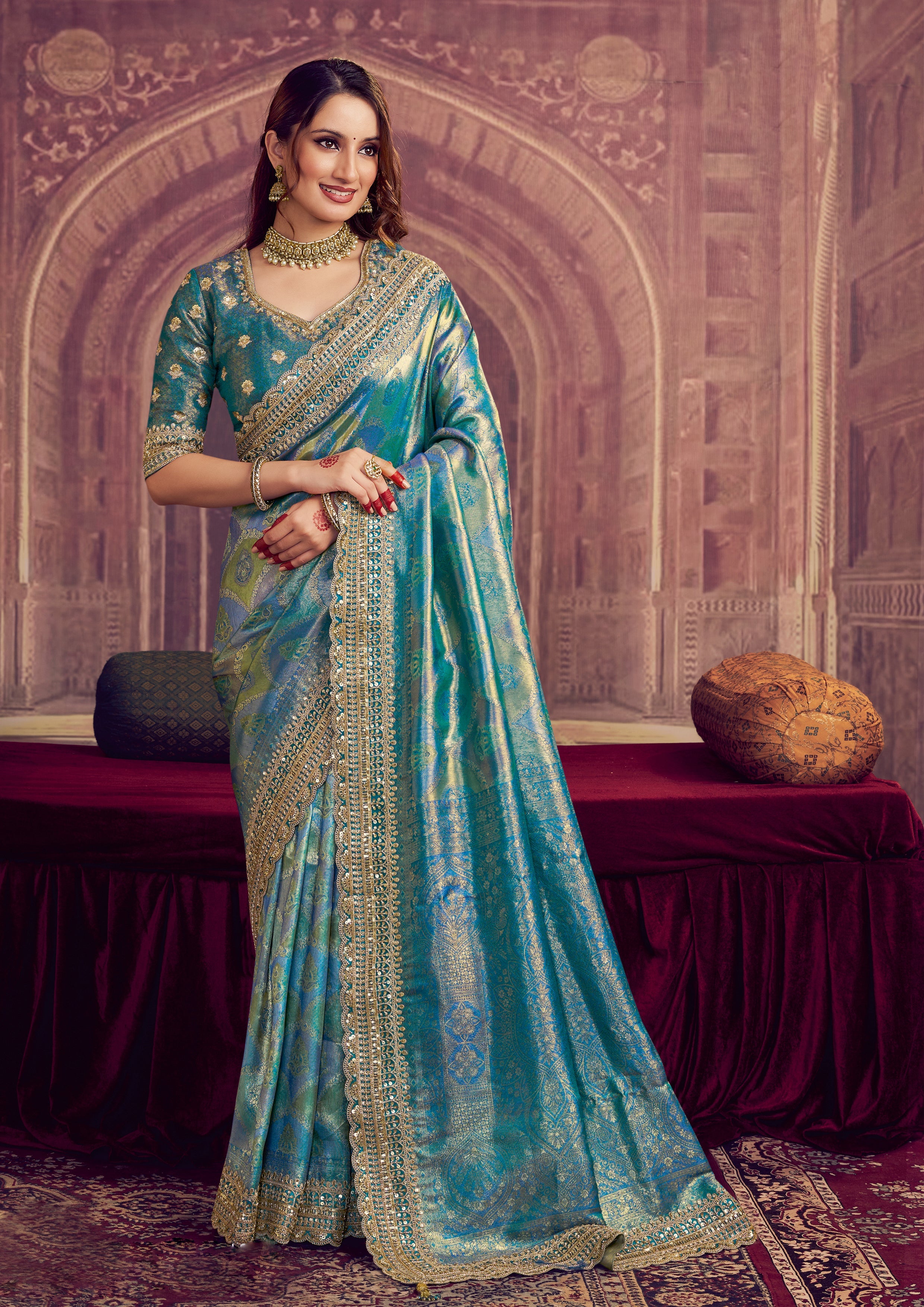 Peacock Blue Embellished Kanjivaram Silk Saree