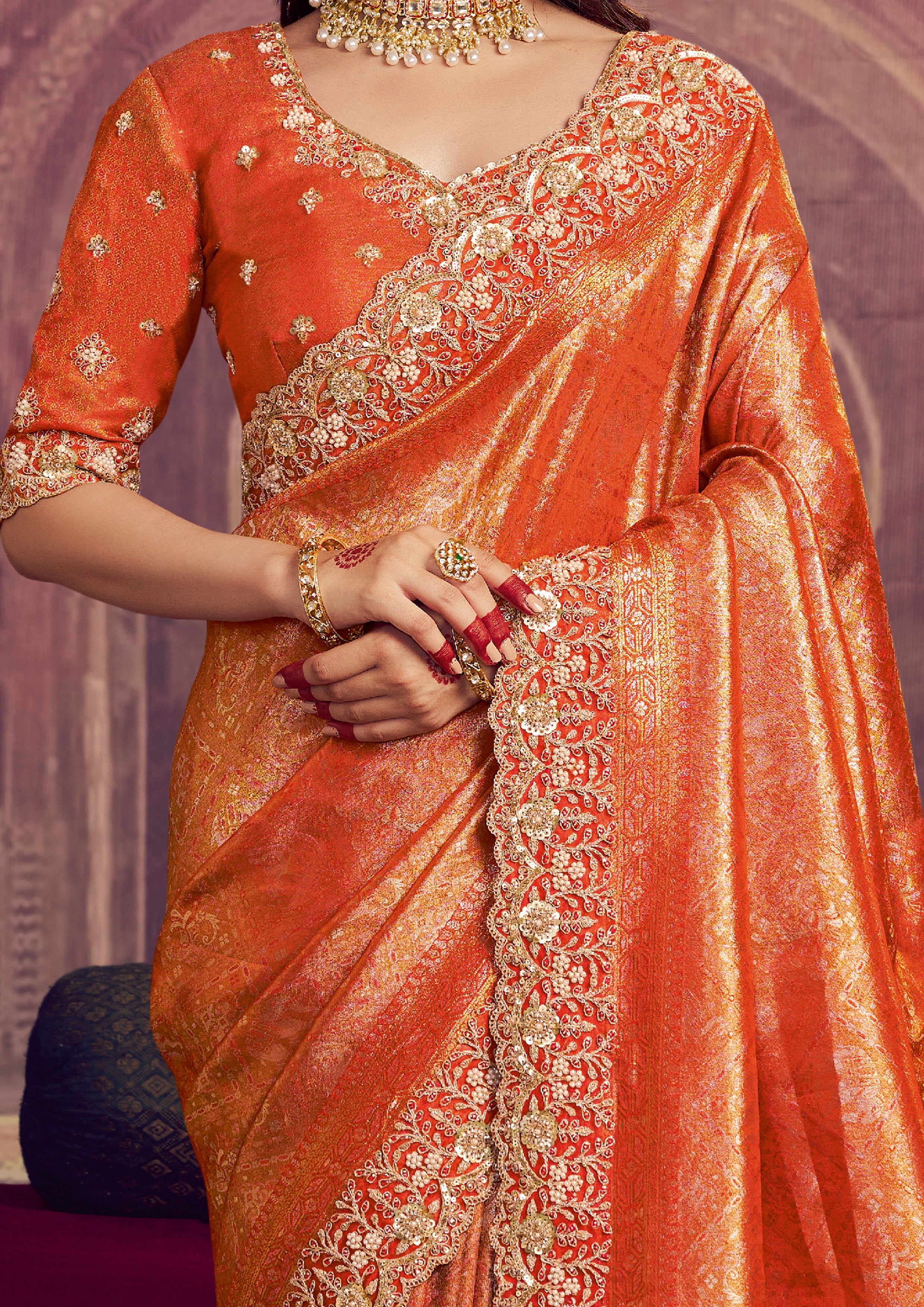 Marigold Orange Embellished Kanjivaram Silk Saree