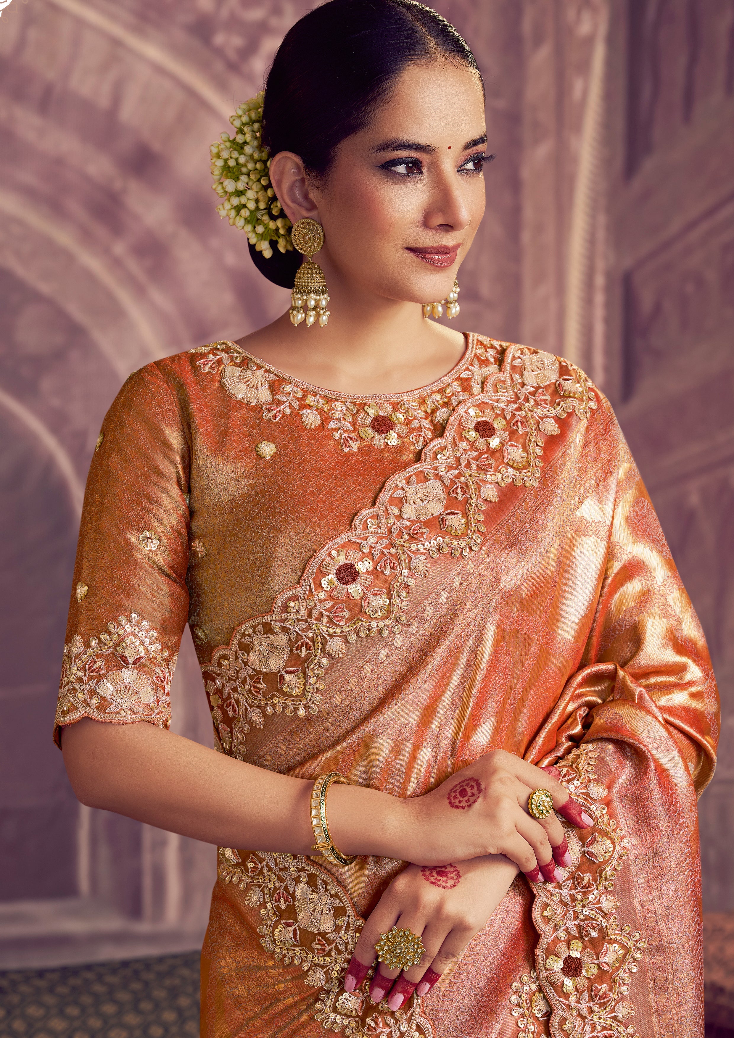 Rust Orange Embellished Kanjivaram Silk Saree