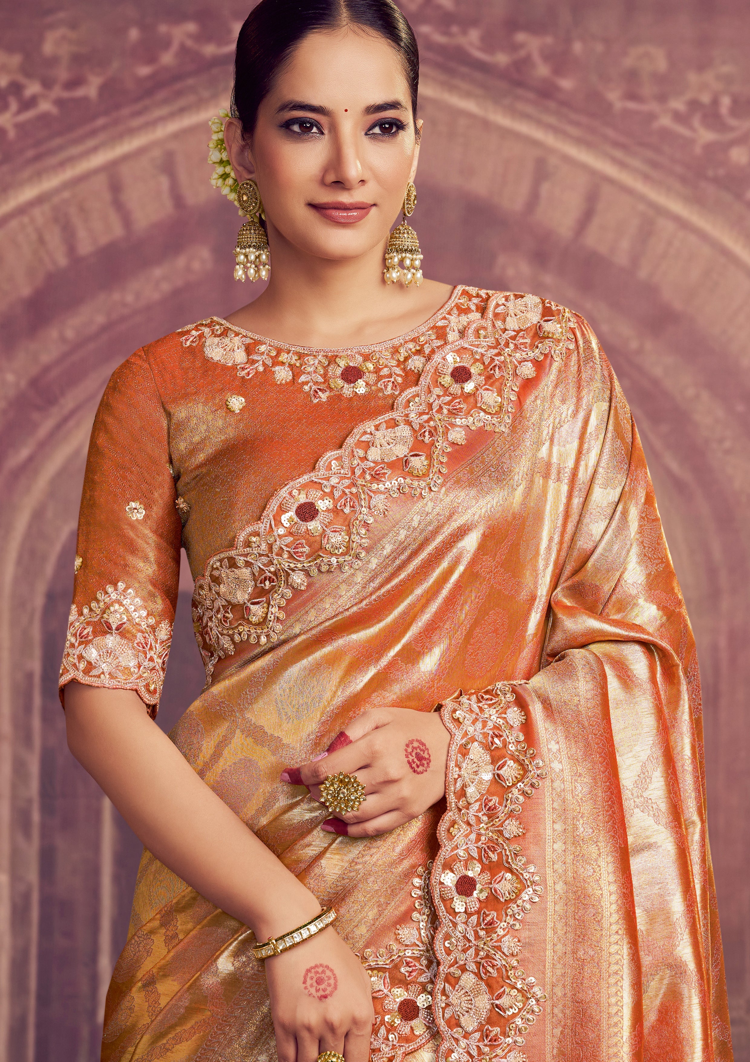 Rust Orange Embellished Kanjivaram Silk Saree
