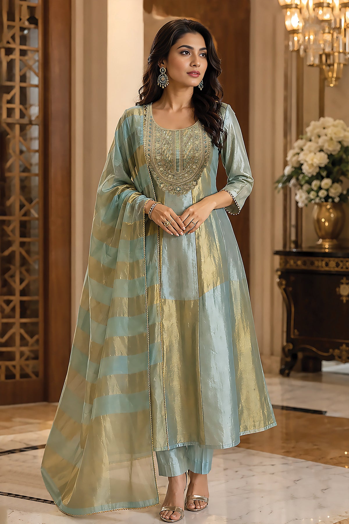 Elegant  Light Teal Embellished Mul Silk Anarkali Set