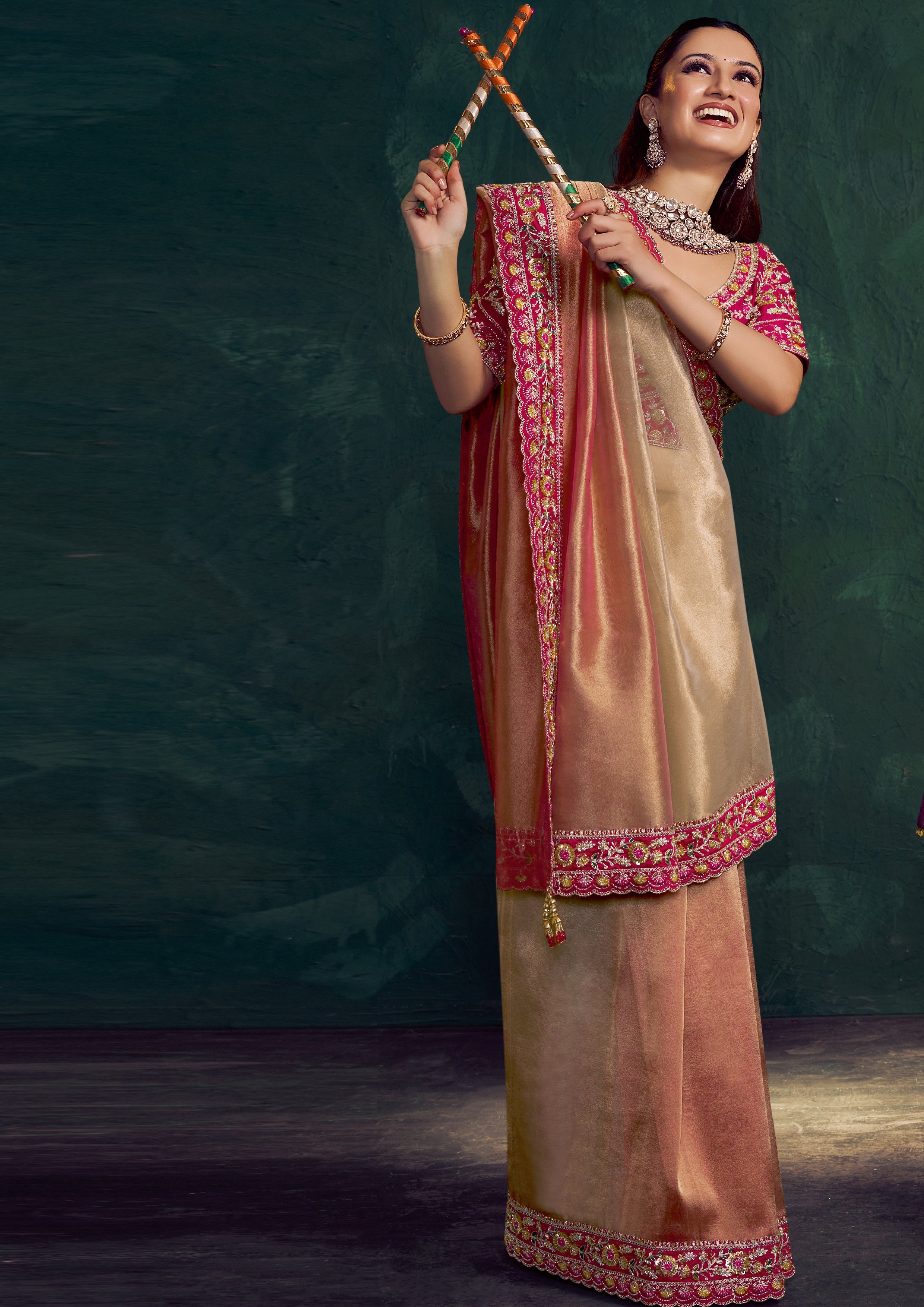 Copper Gold Embroidered Shimmer Tissue Silk Saree