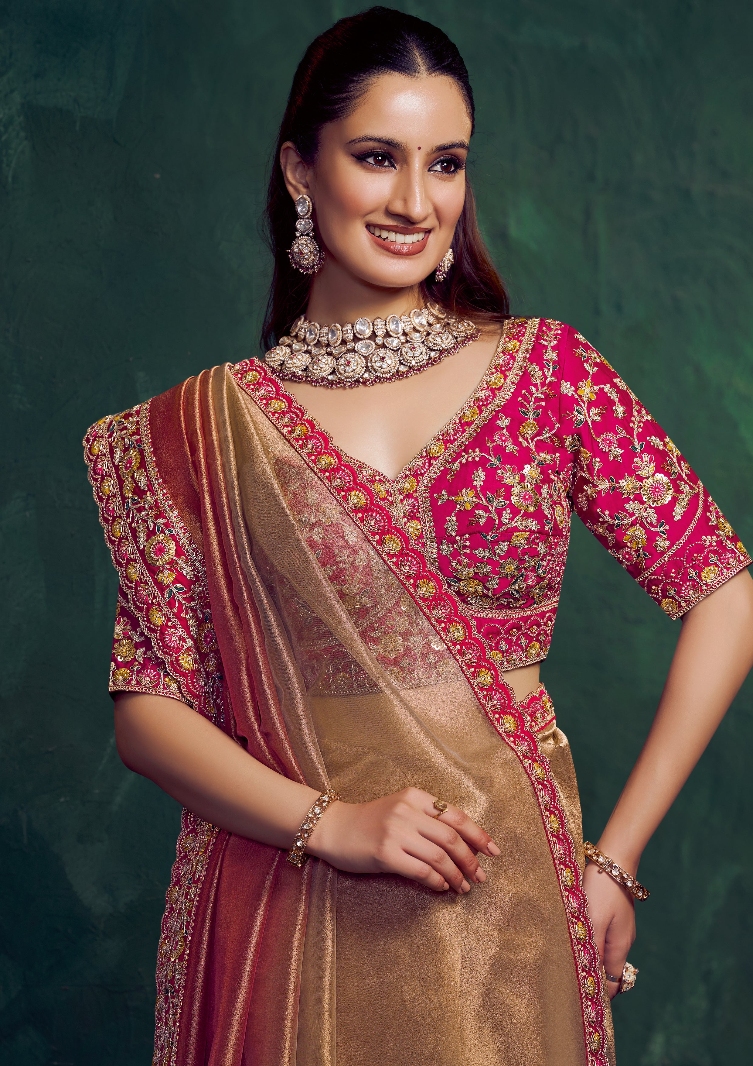 Copper Gold Embroidered Shimmer Tissue Silk Saree