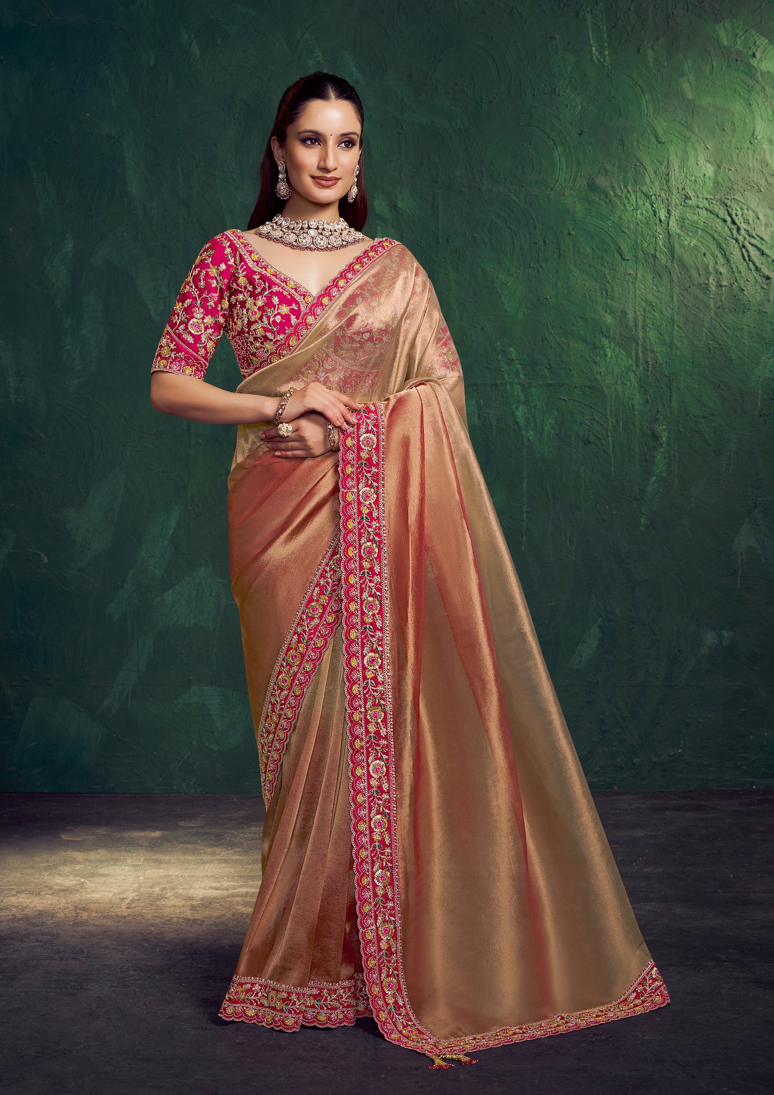 Copper Gold Embroidered Shimmer Tissue Silk Saree