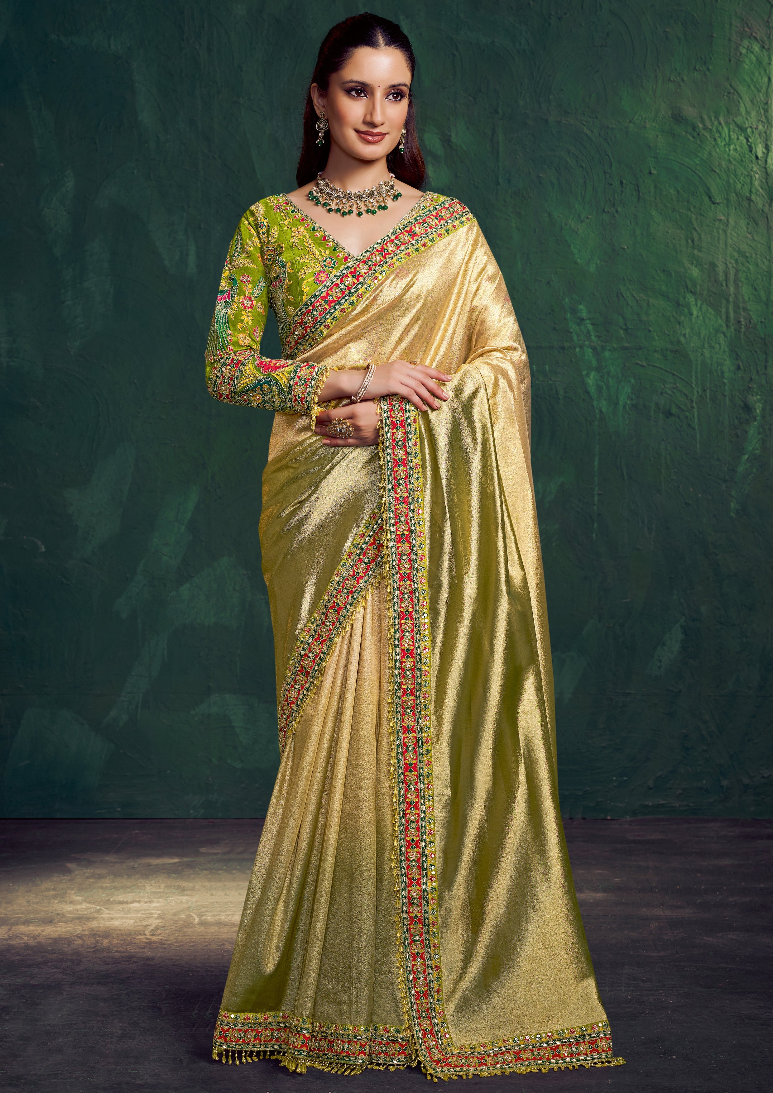 Sunglow Green Embroidered Shimmer Tissue Silk Saree