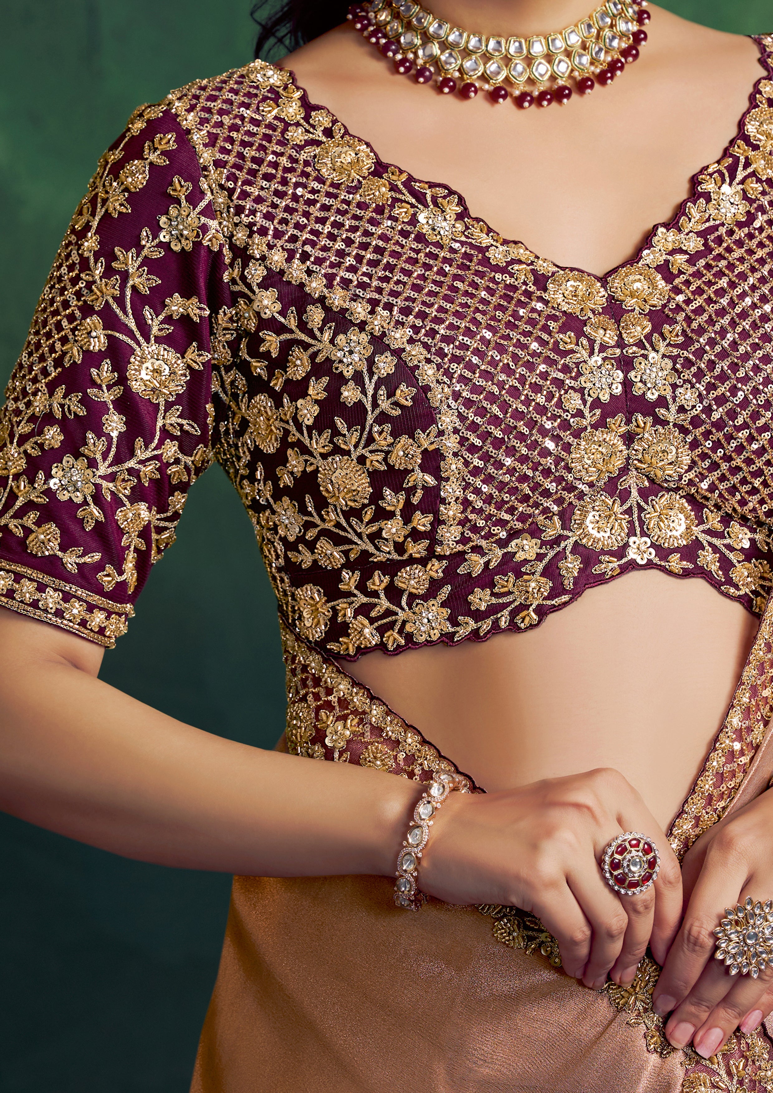 Dusty Mauve Gold Embellished Shimmer Tissue Silk Saree