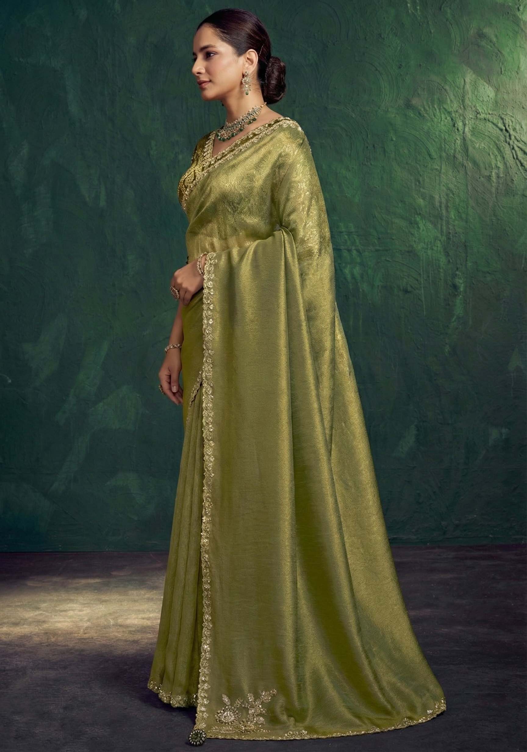 Olive Green Embellished Tissue Silk Saree