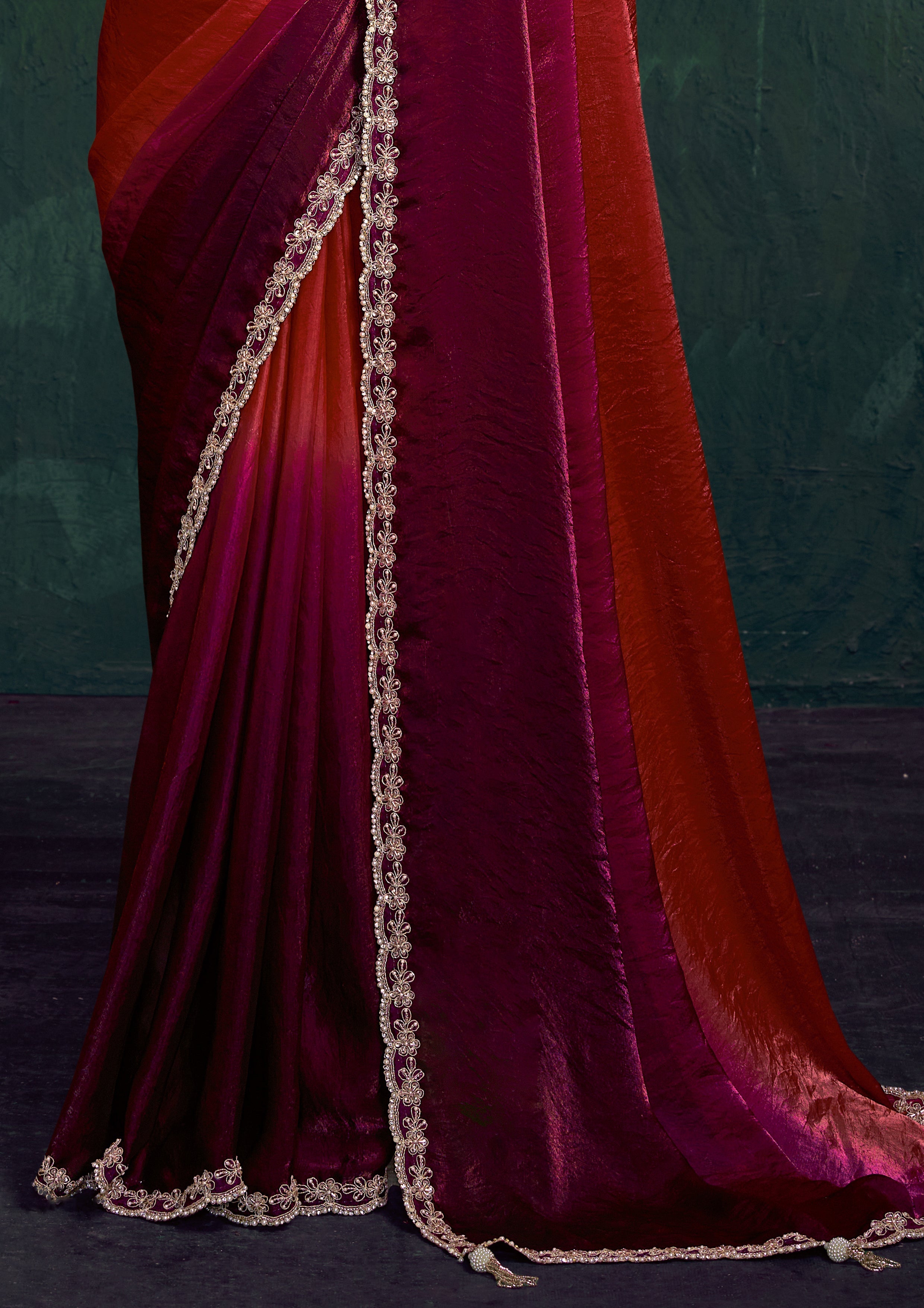 Garnet Wine Embellished Tissue Silk Saree