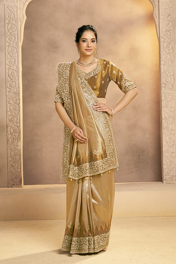 Light Golden Embellished Zari Kora Silk Saree