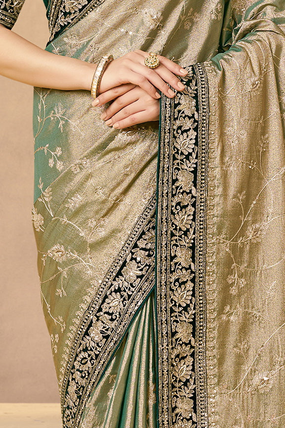 Sage Green Embellished Kora Silk Saree