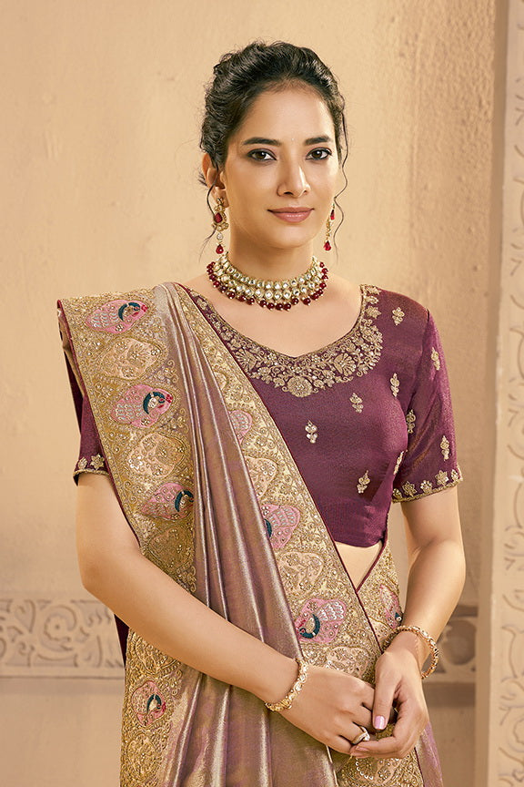 Rose Gold Embellished Zari Tissue Silk Saree