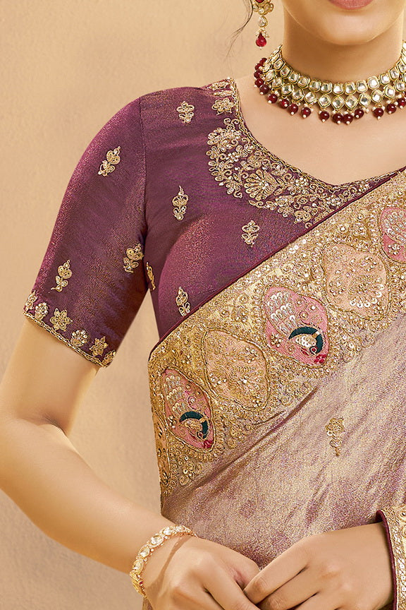 Rose Gold Embellished Zari Tissue Silk Saree
