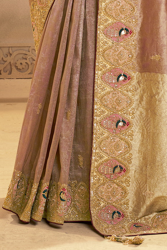 Rose Gold Embellished Zari Tissue Silk Saree