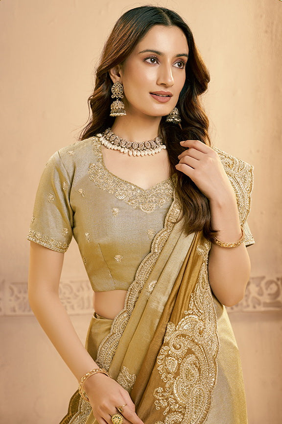 Metallic Golden Embellished Kora Zari Silk Saree