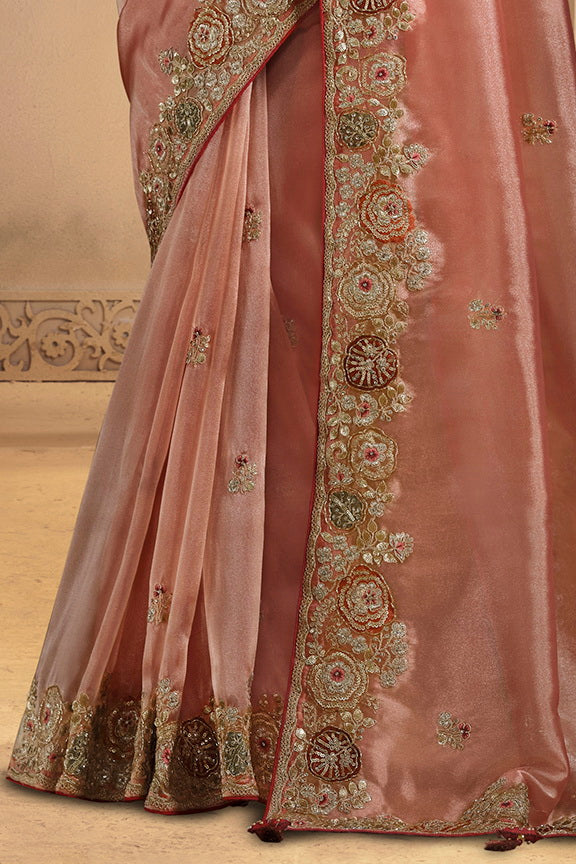 Dusty Orange Embellished Twill Tissue Silk Saree