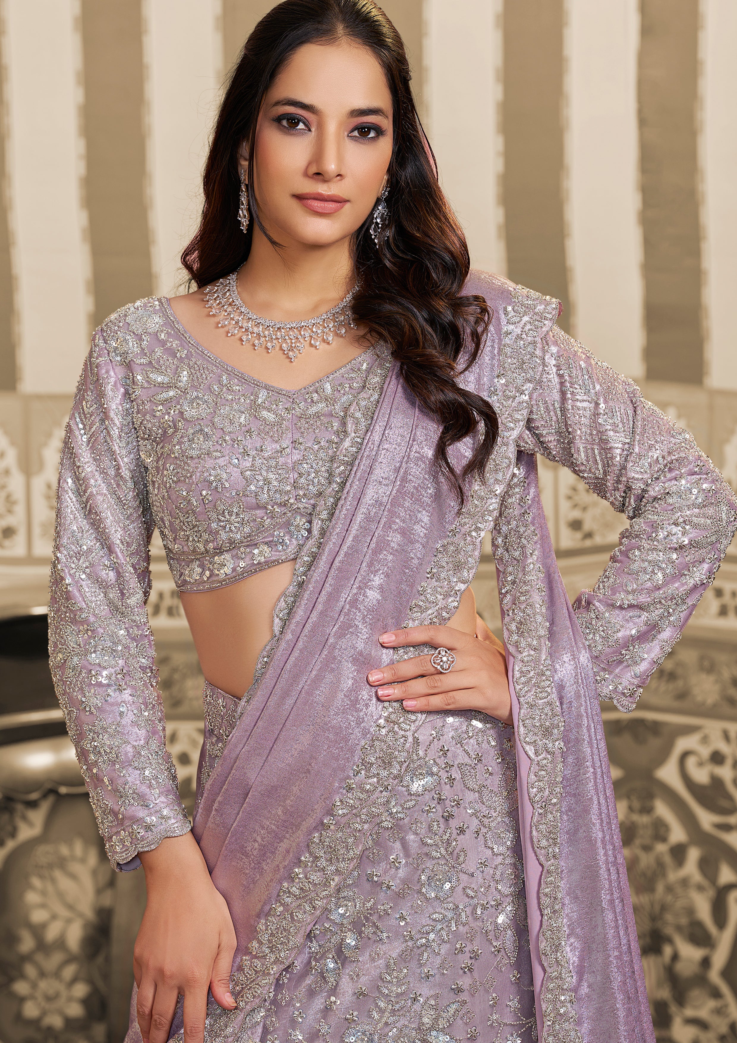 Lavender Embellished Satin Silk Lehenga Saree