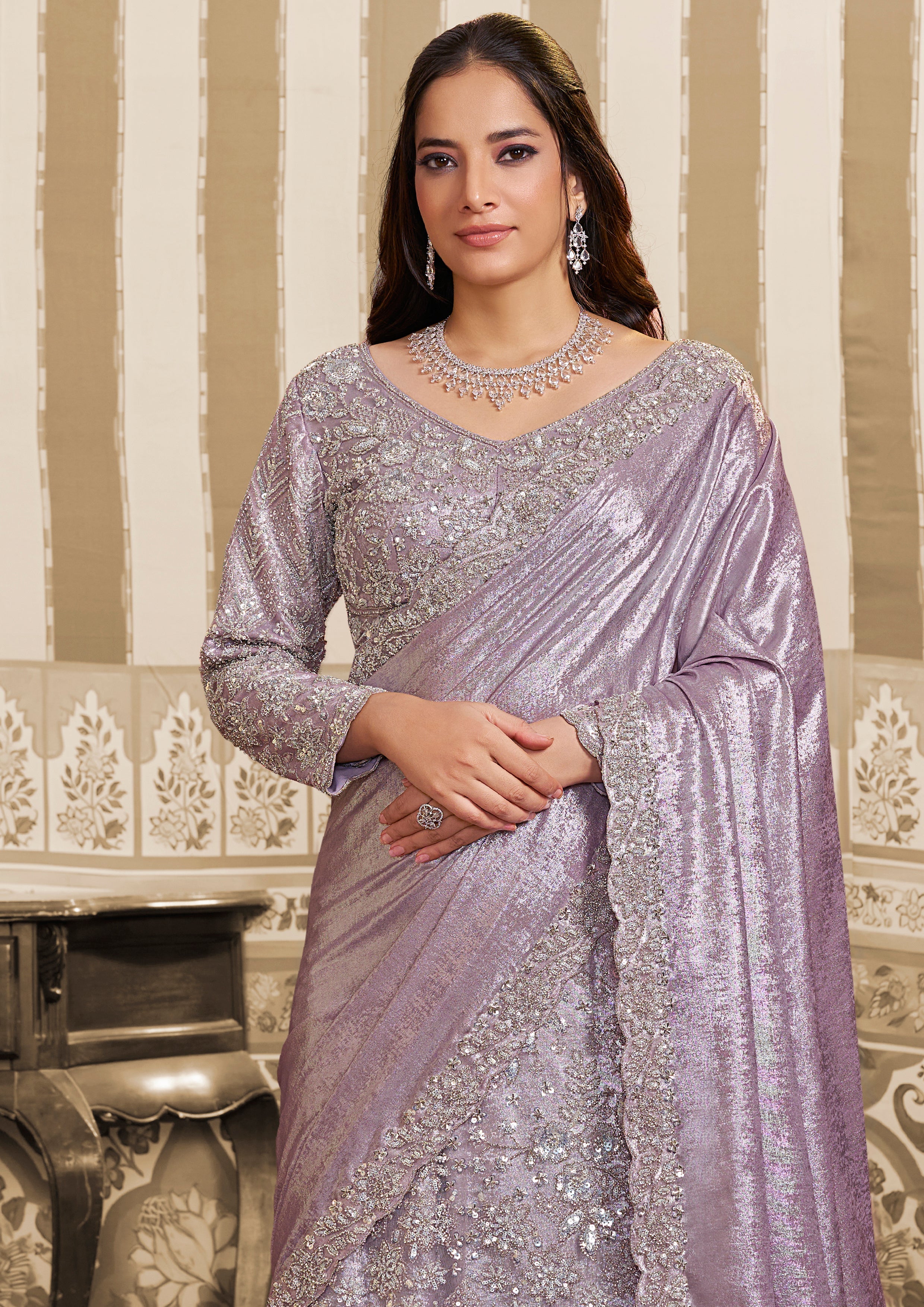 Lavender Embellished Satin Silk Lehenga Saree