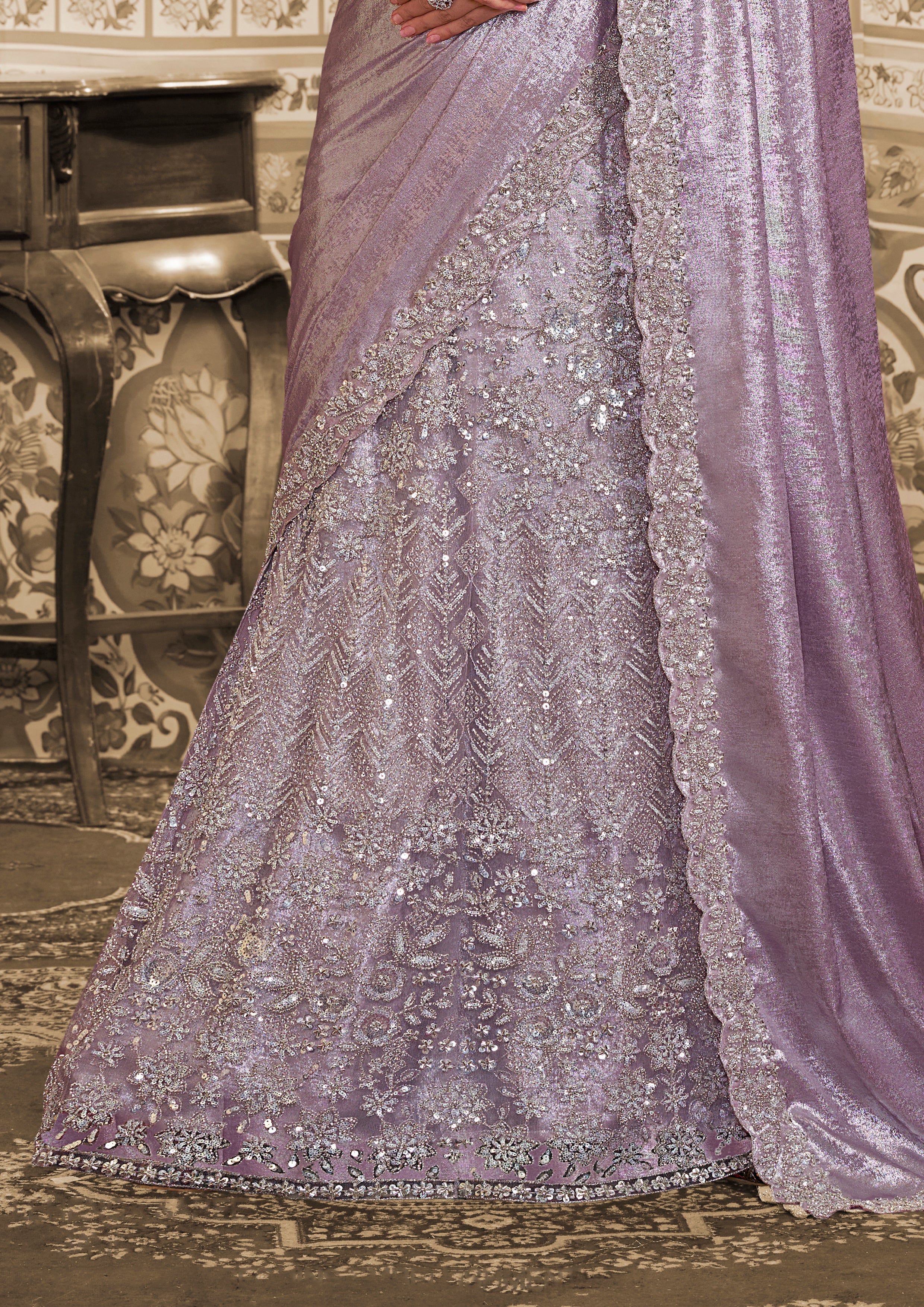 Lavender Embellished Satin Silk Lehenga Saree